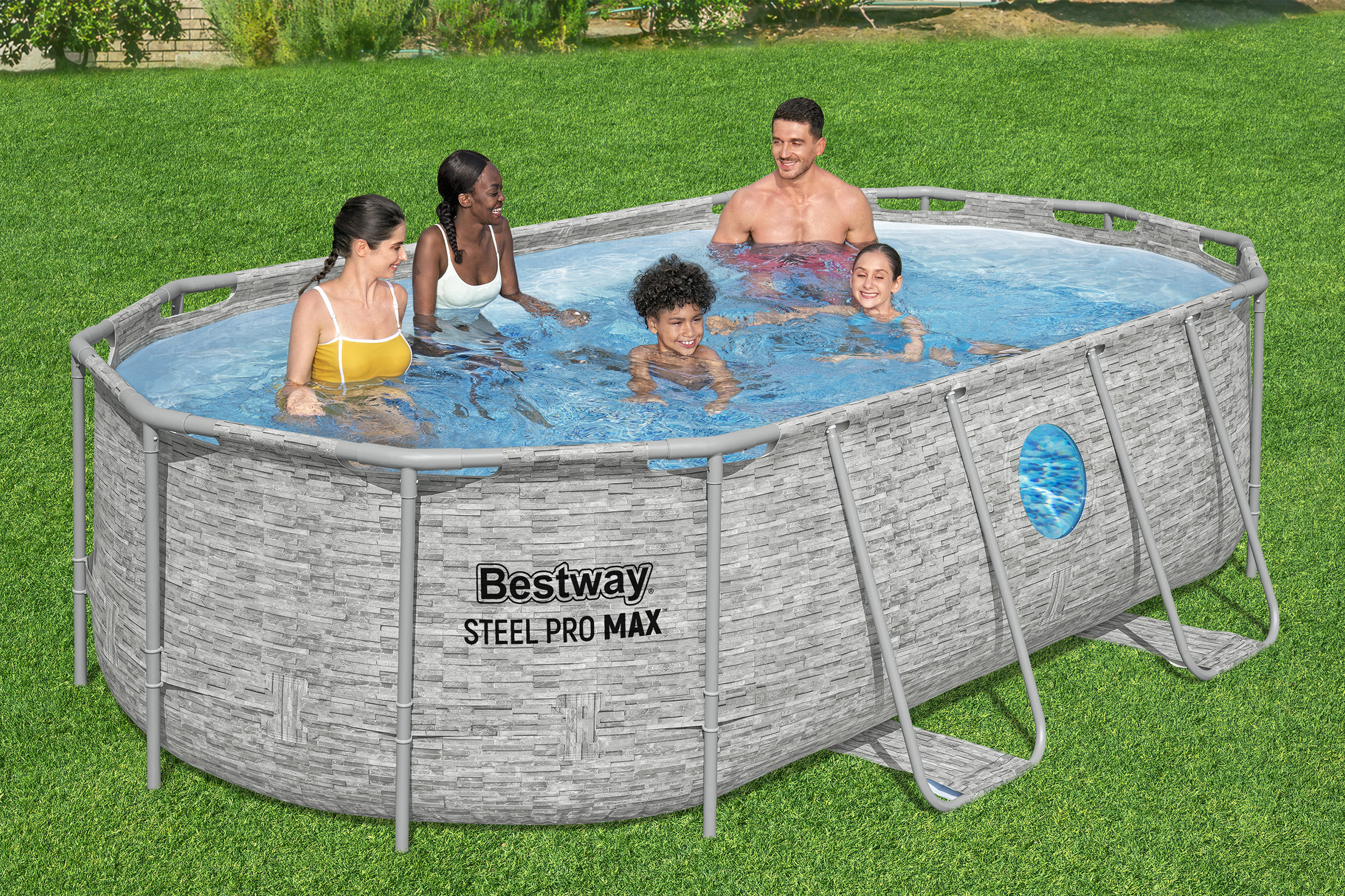 Steel Pro MAX™ Splashview™ Frame Pool Komplett Set mit Filterpumpe 427 x 250 x 100 cm, Steinwand-Optik (Cremegrau), oval