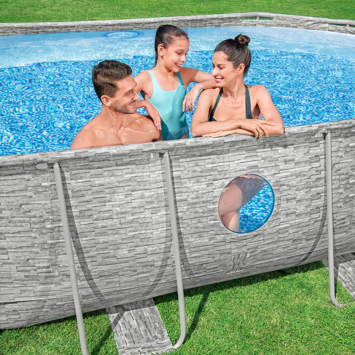 Steel Pro MAX™ Splashview™ Frame Pool Komplett-Set mit Sandfilteranlage 488 x 305 x 107 cm , Steinwand-Optik (Cremegrau), oval