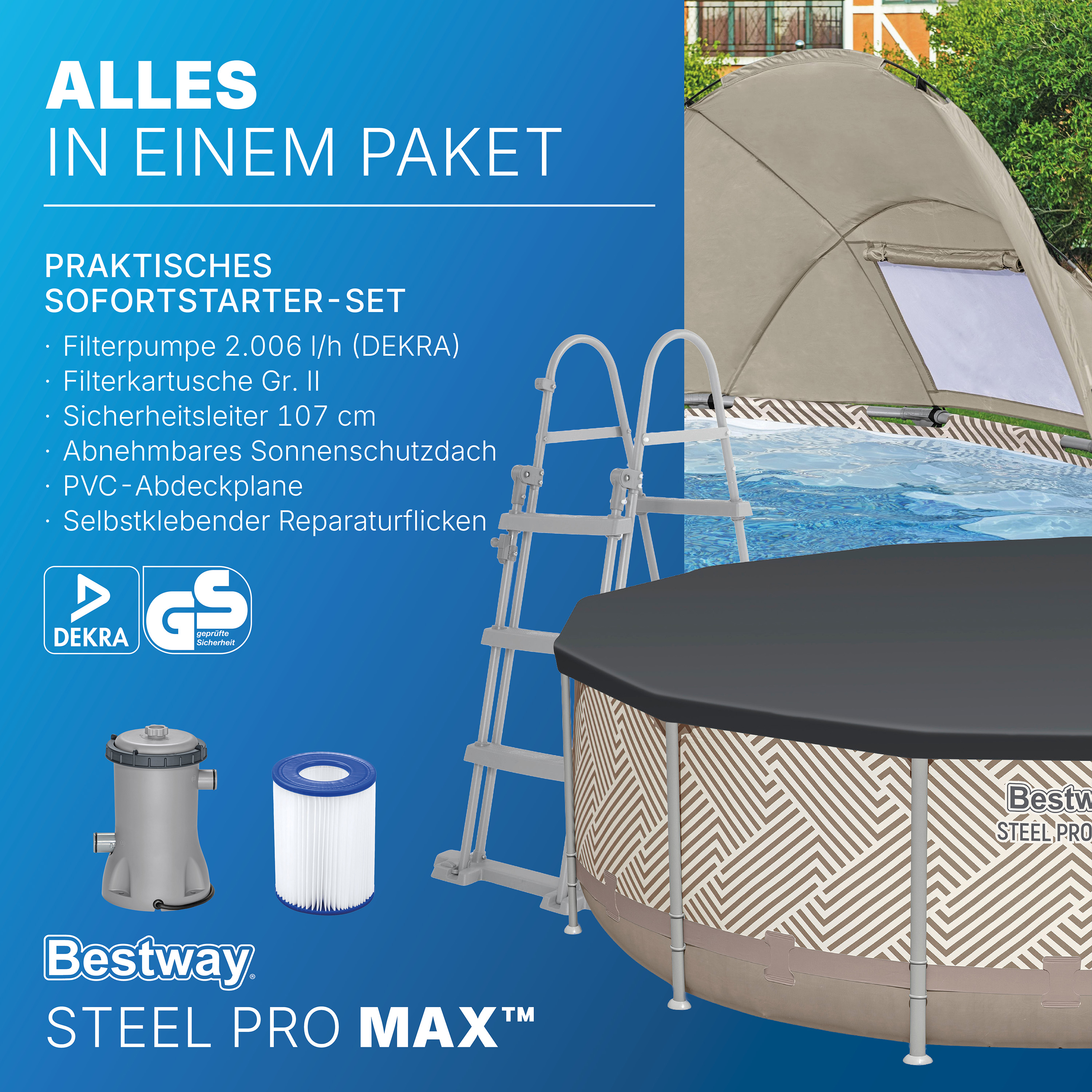 Steel Pro MAX™ Frame Pool Komplett Set mit Filterpumpe Ø 396 x 107 cm, Op Art-Design, rund