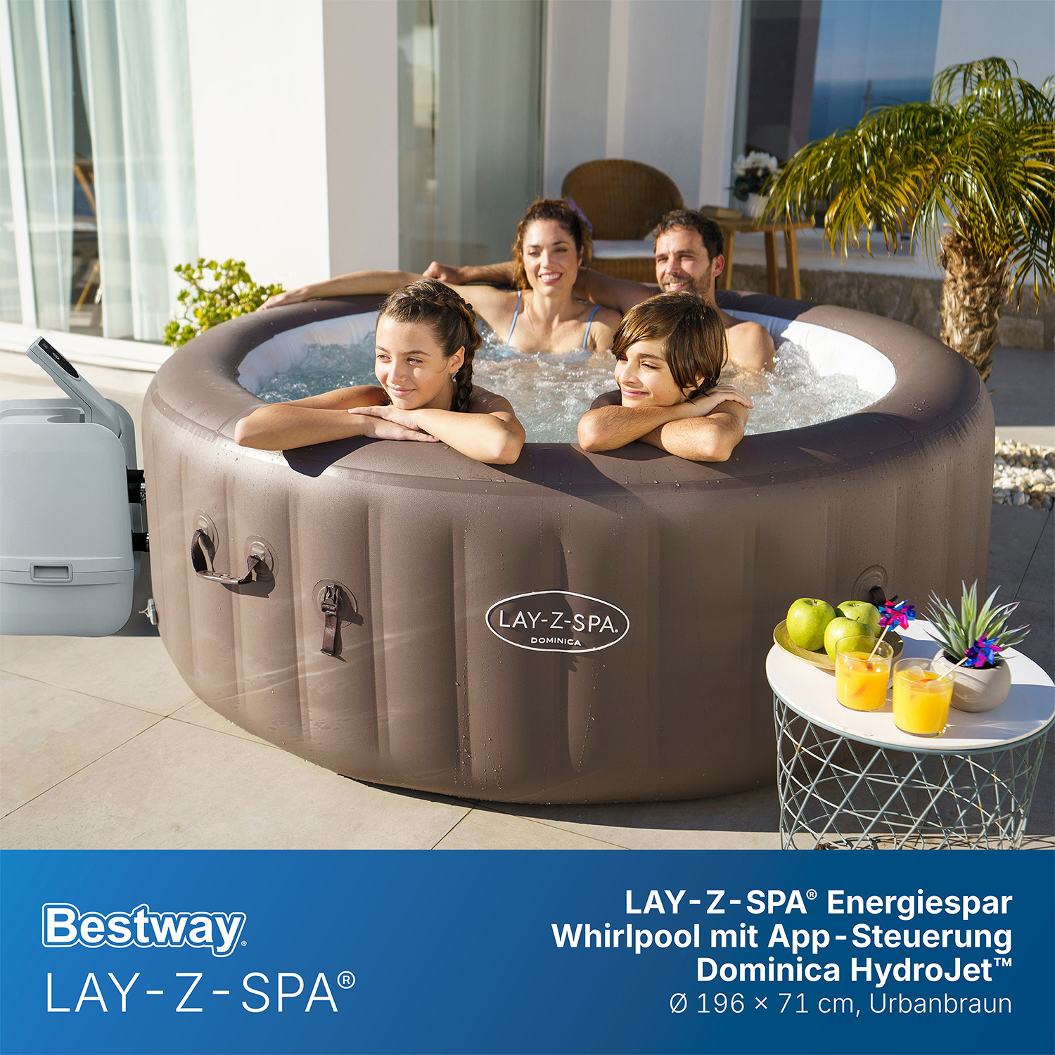 LAY-Z-SPA® Energiespar Whirlpool Dominica HydroJet™ mit App-Steuerung, für 6 Personen Ø 196 x 71 cm, Urbanbraun