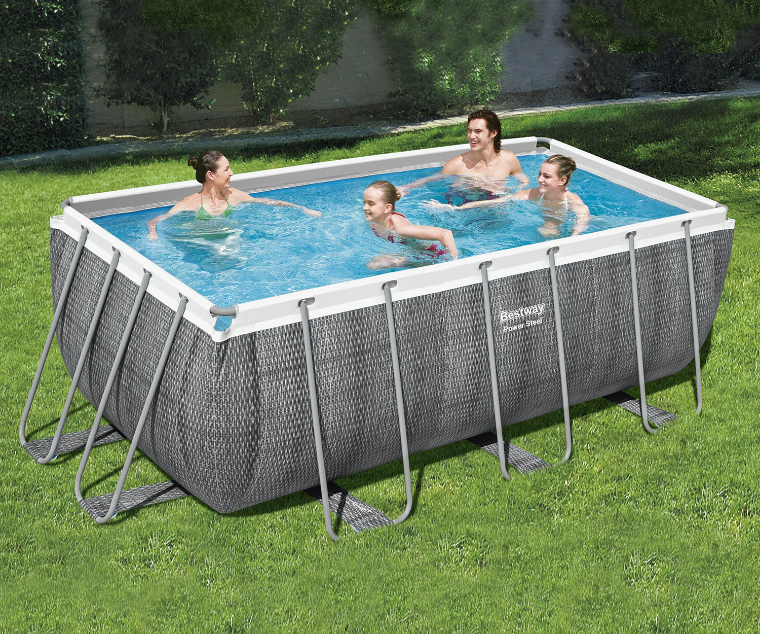 Power Steel™ Frame Pool Set mit Filterpumpe 412 x 201 x 122 cm, Rattan-Optik (Schiefergrau), eckig