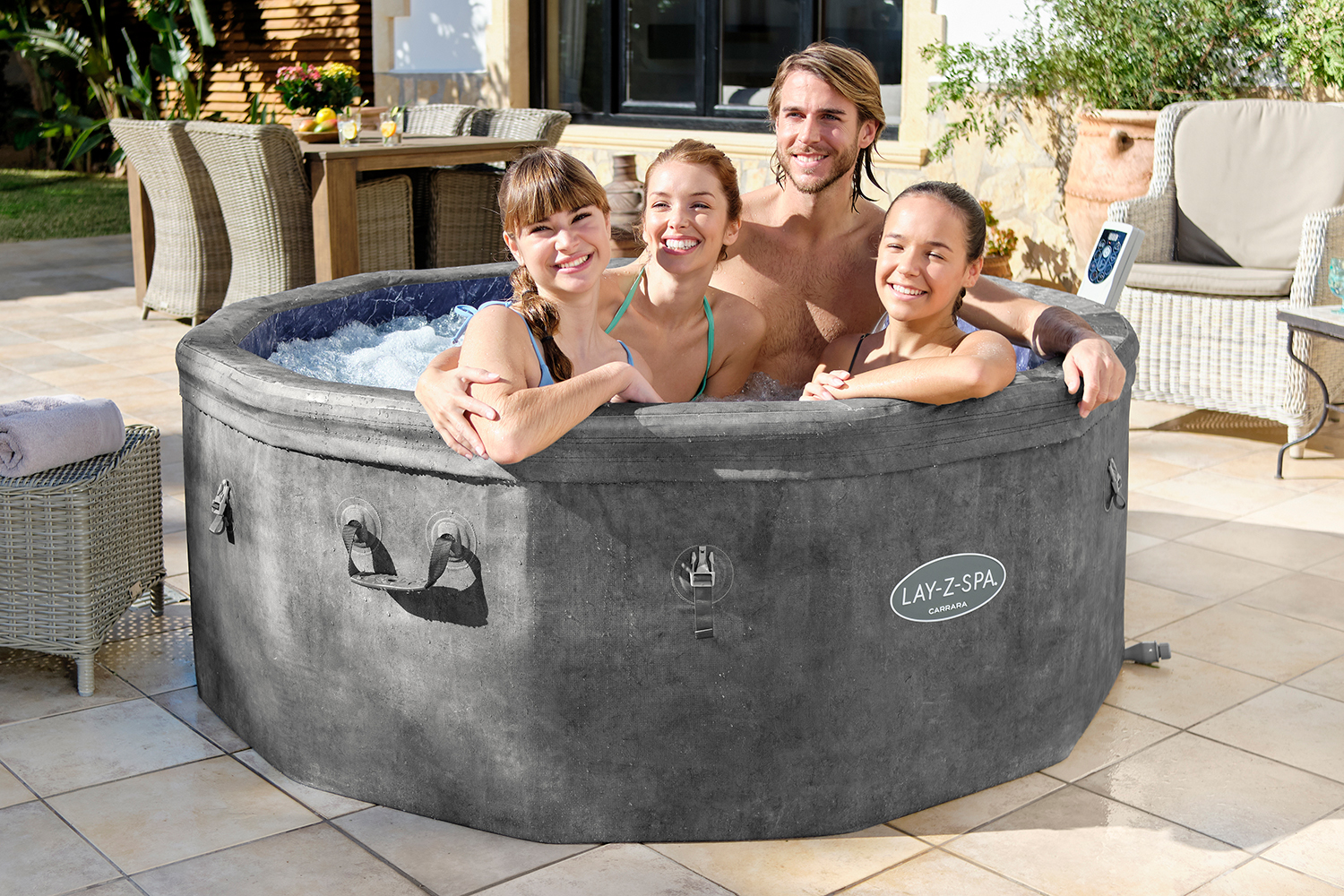 LAY-Z-SPA® Whirlpool Carrara AirJet™ mit App-Steuerung, Schaumstoffpaneele, für 6 Personen, Ø 170 x 65 cm, Alabaster-Optik