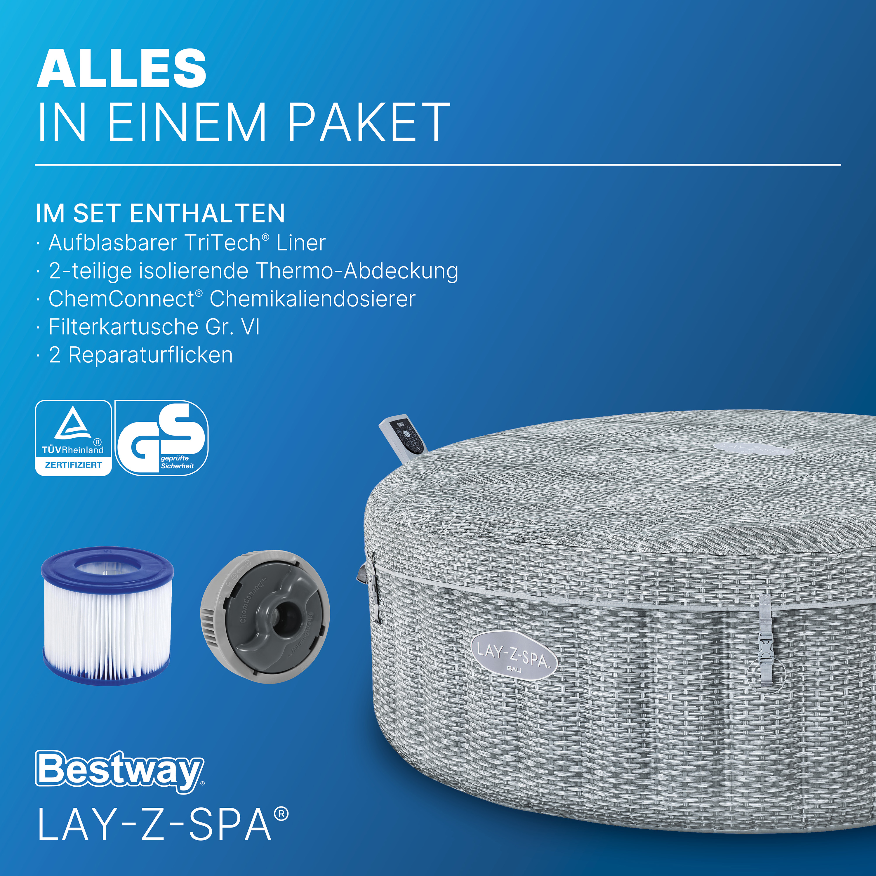 LAY-Z-SPA® Energiespar Whirlpool Bali AirJet™ mit App-Steuerung, Ø 196 x 71 cm, für 6 Personen, Rattan-Optik (Lichtgrau)