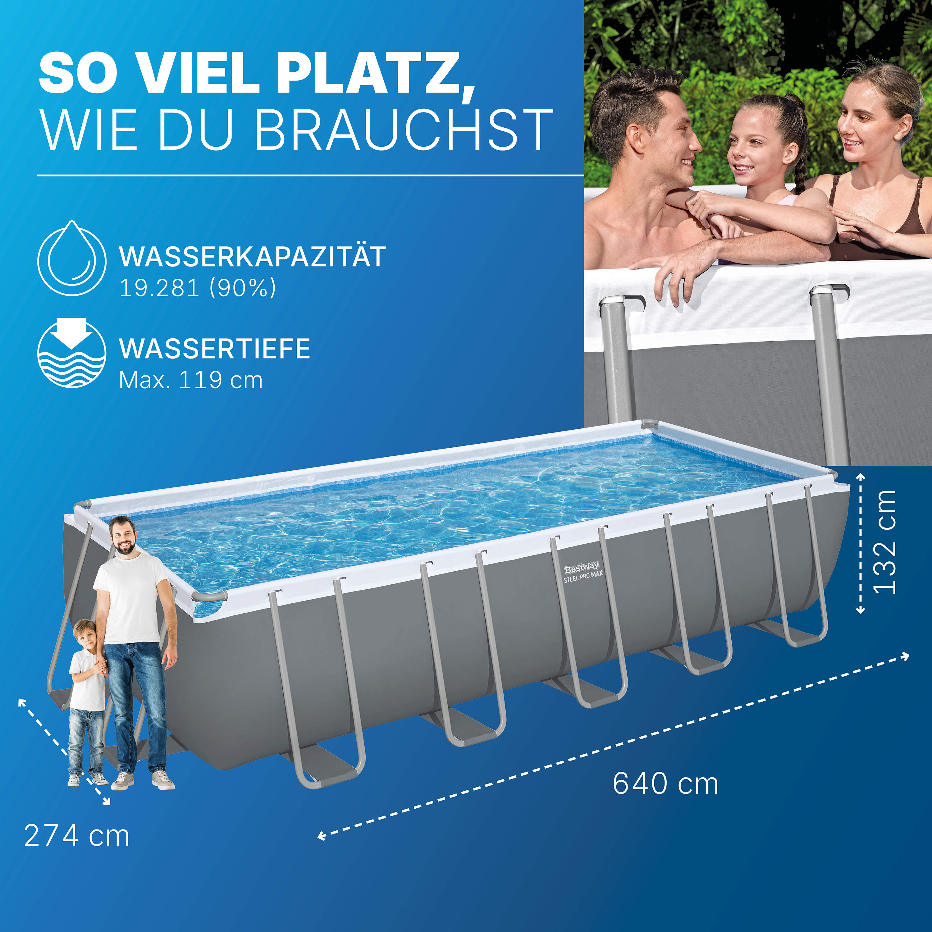 Steel Pro MAX™ Solo Pool ohne Zubehör 640 x 274 x 132 cm, grau, eckig