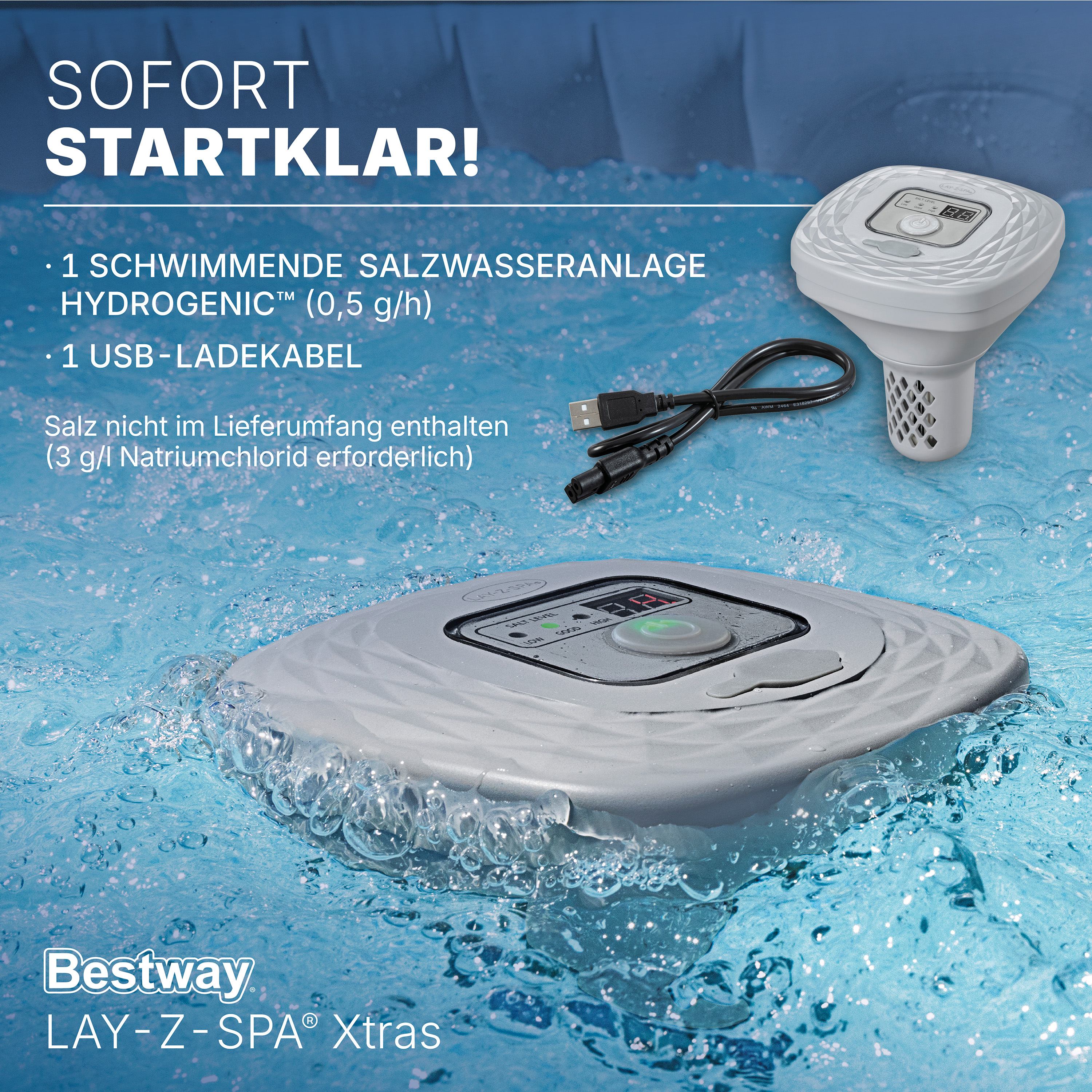 LAY-Z-SPA® Xtras schwimmende, akkubetriebene Salzwasseranlage Hydrogenic™ 0,5 g/ h