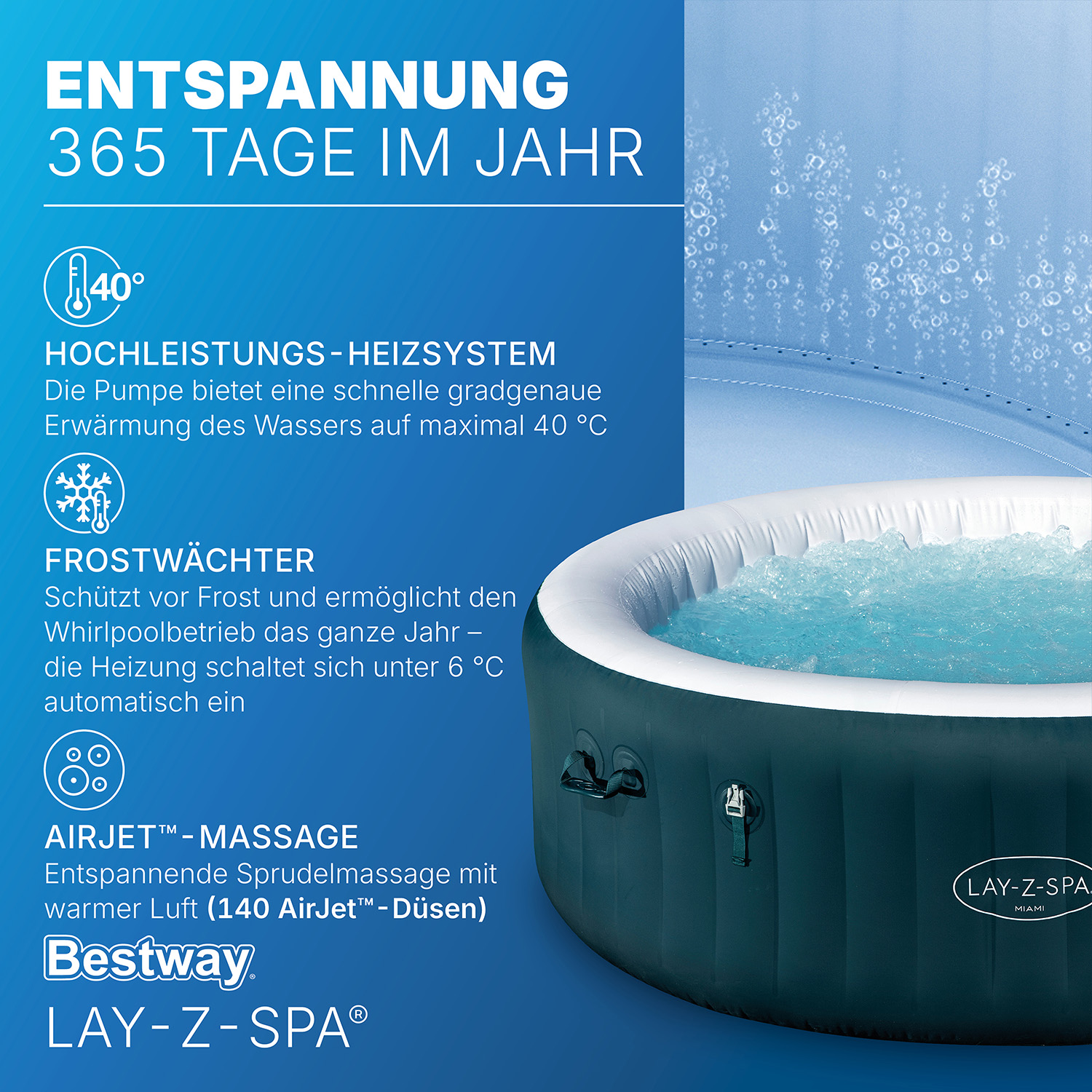 LAY-Z-SPA® Energiespar Whirlpool Miami AirJet™ für 6 Personen Ø 196 x 66 cm, Dunkelgrün LAY-Z-SPA® Energiespar Whirlpool Miami AirJet™ für 6 Personen Ø 196 x 66 cm, Dunkelgrün