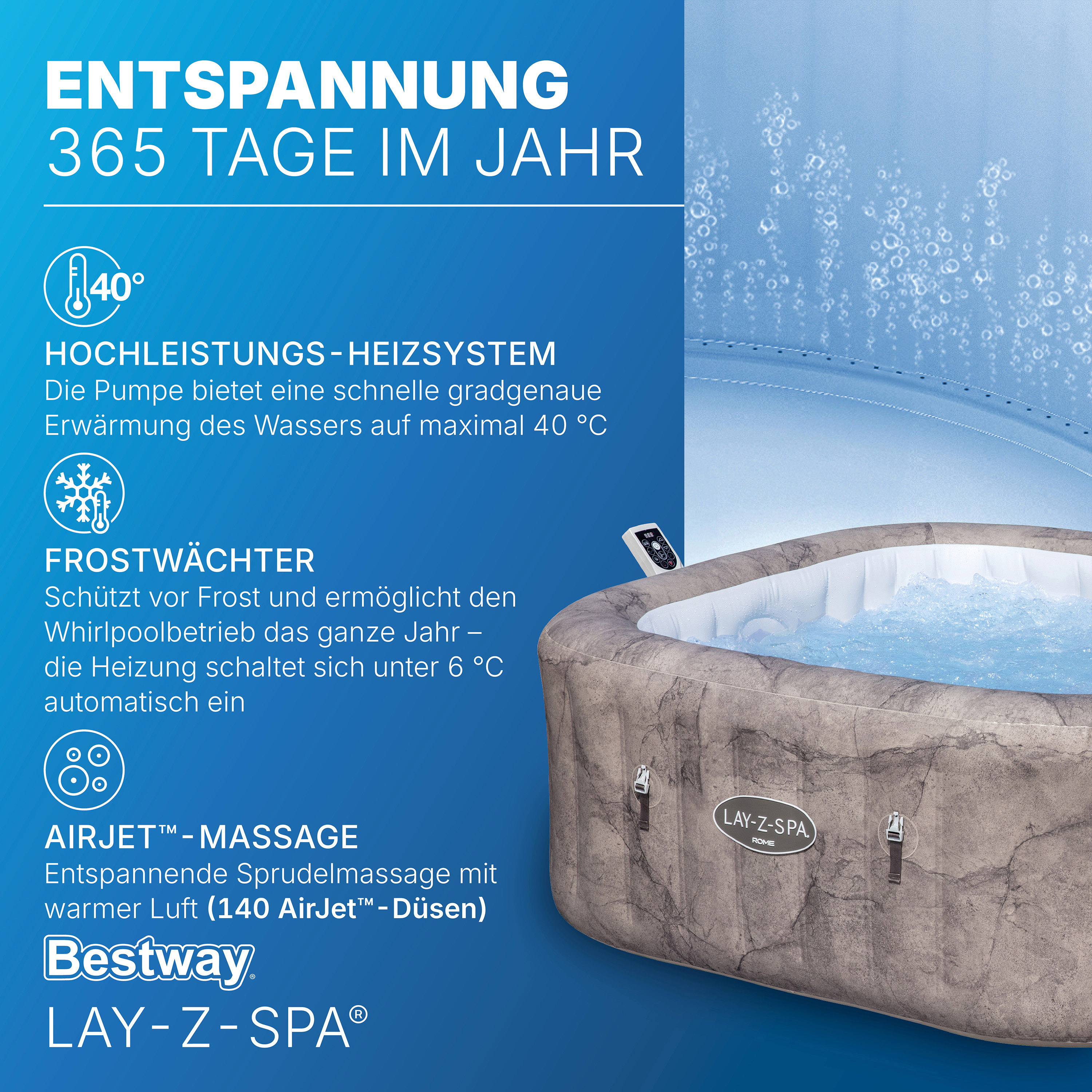 LAY-Z-SPA® WLAN-Whirlpool Rome AirJet™ mit App-Steuerung, für 6 Personen, 180 x 180 x 71 cm, Marmor-Optik (Braun)