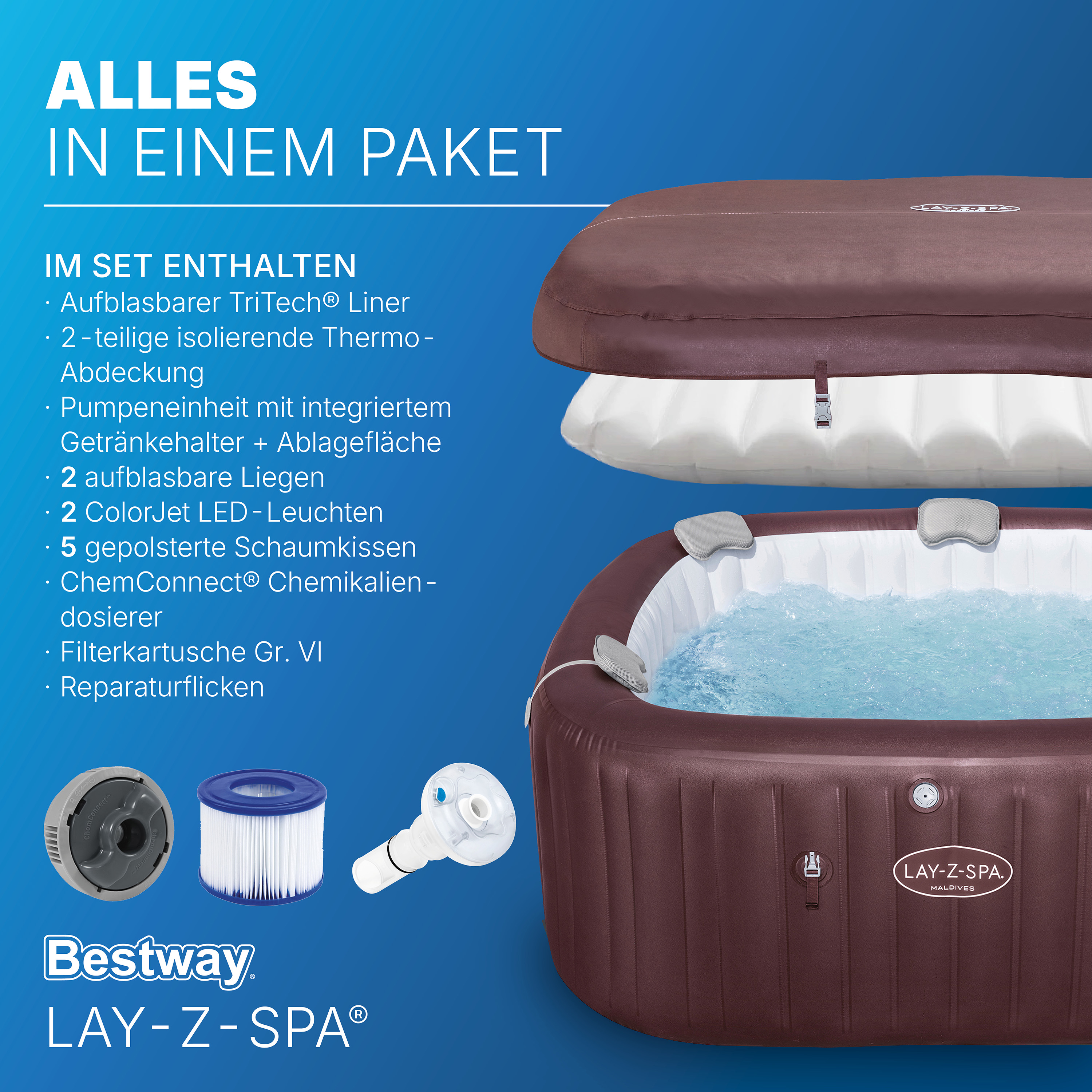 LAY-Z-SPA® WLAN-Whirlpool Maldives HydroJet Pro™ mit App-Steuerung, für 7 Personen 201 x 201 x 80 cm, Mahagoni