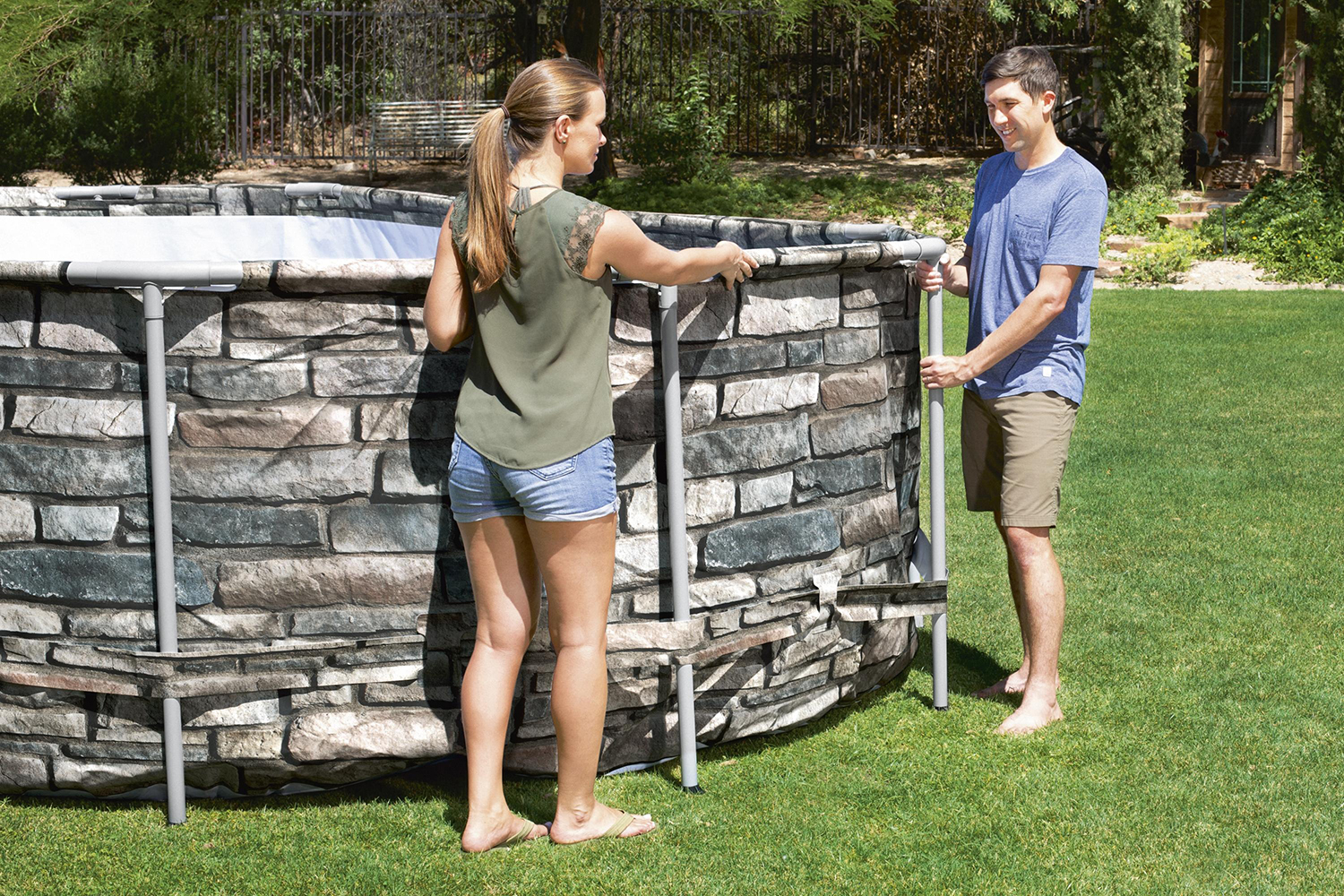 Power Steel™ Frame Pool Komplett-Set mit Filterpumpe Ø 671 x 132 cm Steinwand-Optik (Naturstein), rund