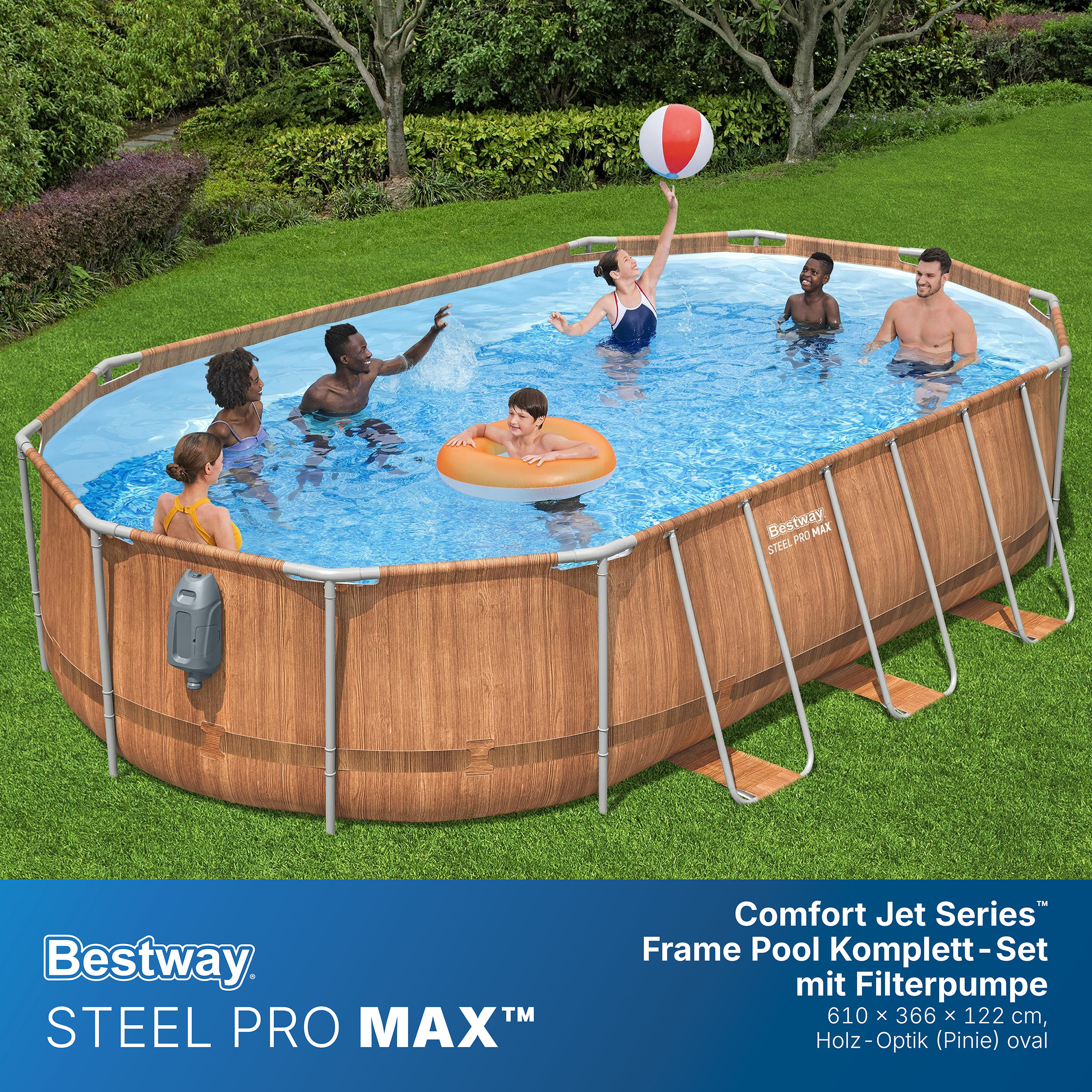 Steel Pro MAX™ Comfort Jet Series™ Frame Pool Set mit Filterpumpe 610 x 366 x 122 cm, Holz-Optik (Pinie), oval
