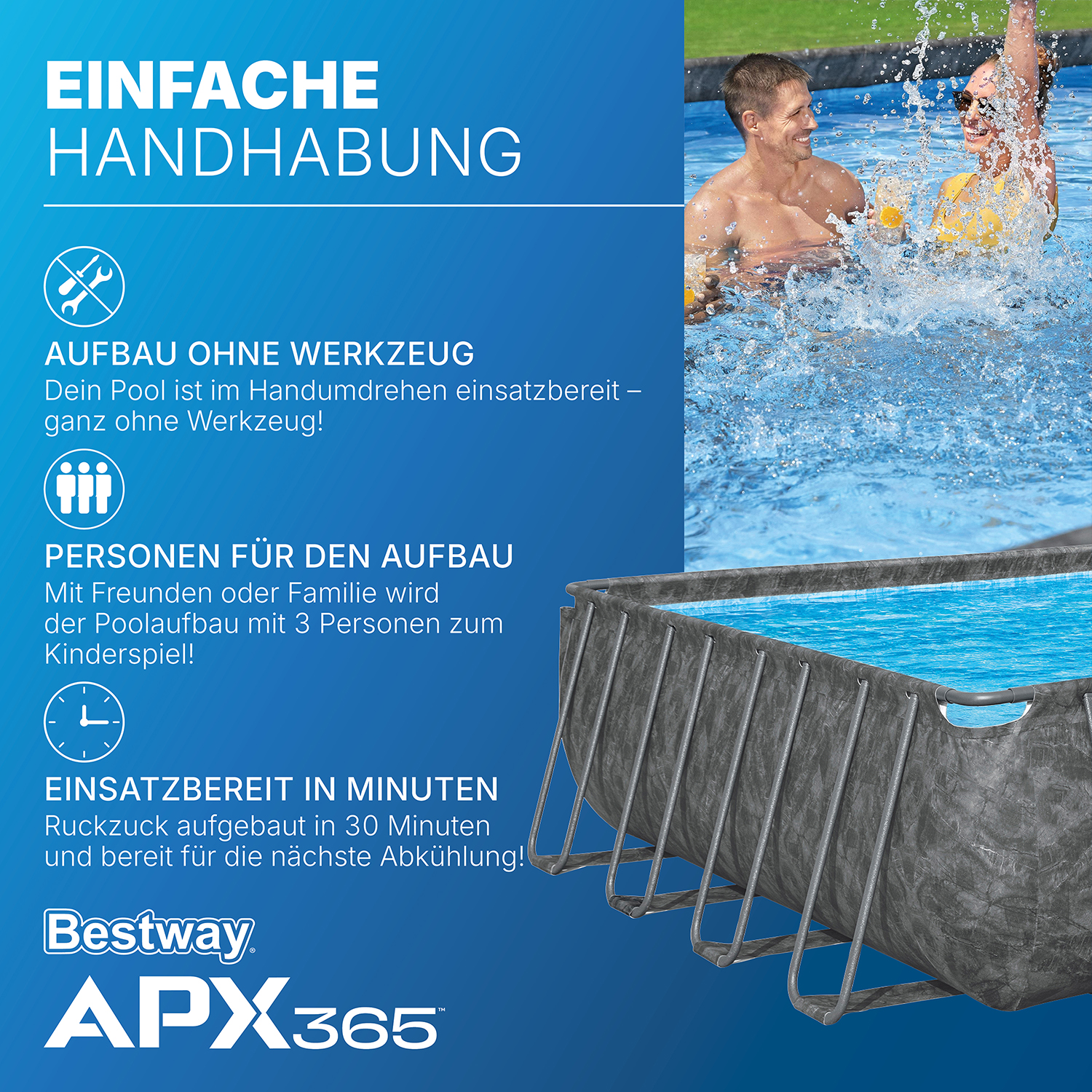 APX365™ Winterfestes Frame Pool Komplett-Set mit Sandfilteranlage 956 x 488 x 132 cm, Marmor-Optik (Dunkel), eckig