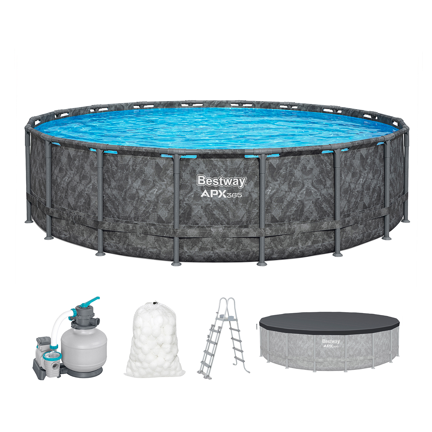 APX365™ Winterfestes Frame Pool Komplett-Set mit Sandfilteranlage Ø 549 x 132 cm, Marmor-Optik (Dunkel), rund