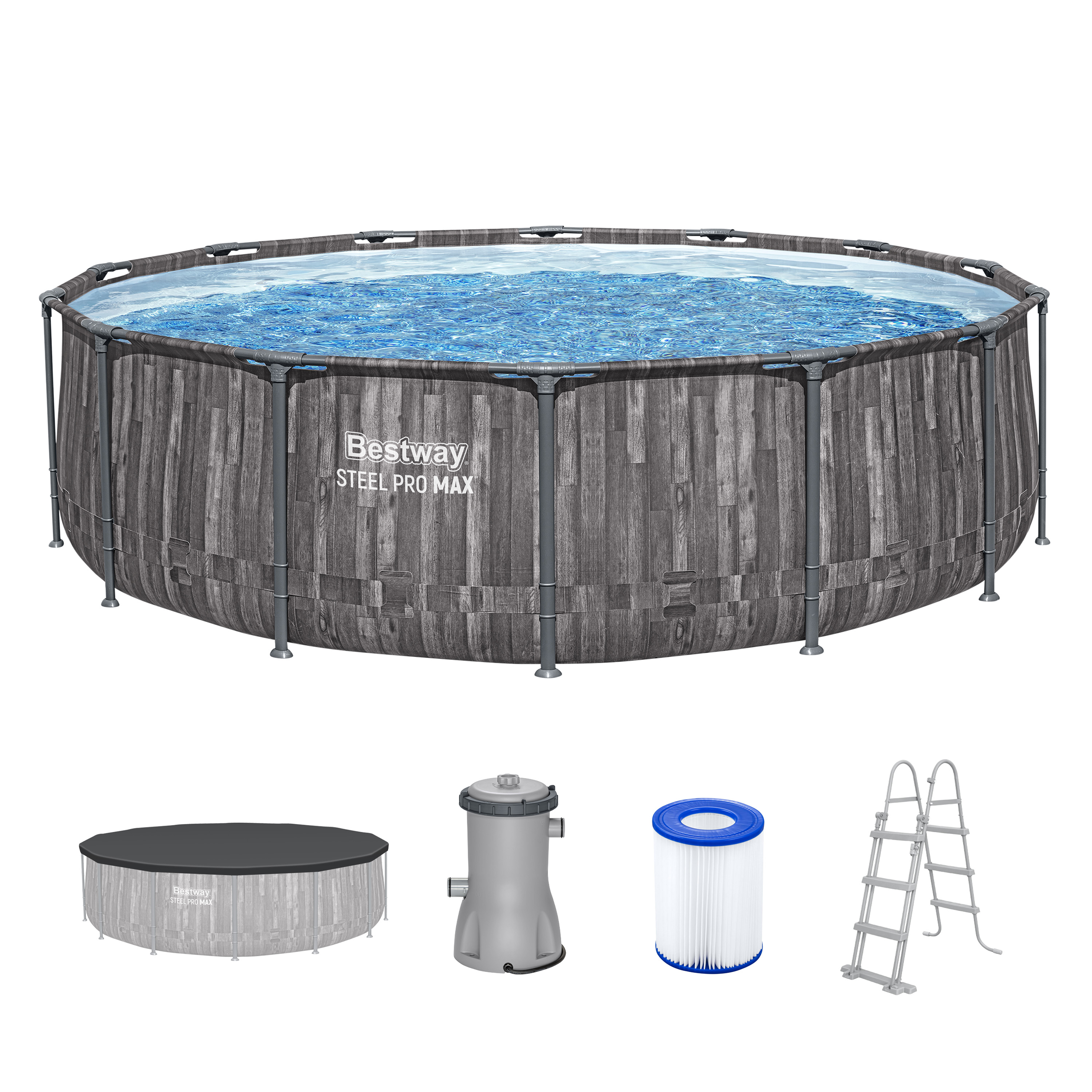 Steel Pro MAX™ Frame Pool Komplett Set mit Filterpumpe Ø 427 x 107 cm, Holz-Optik (Mooreiche), rund