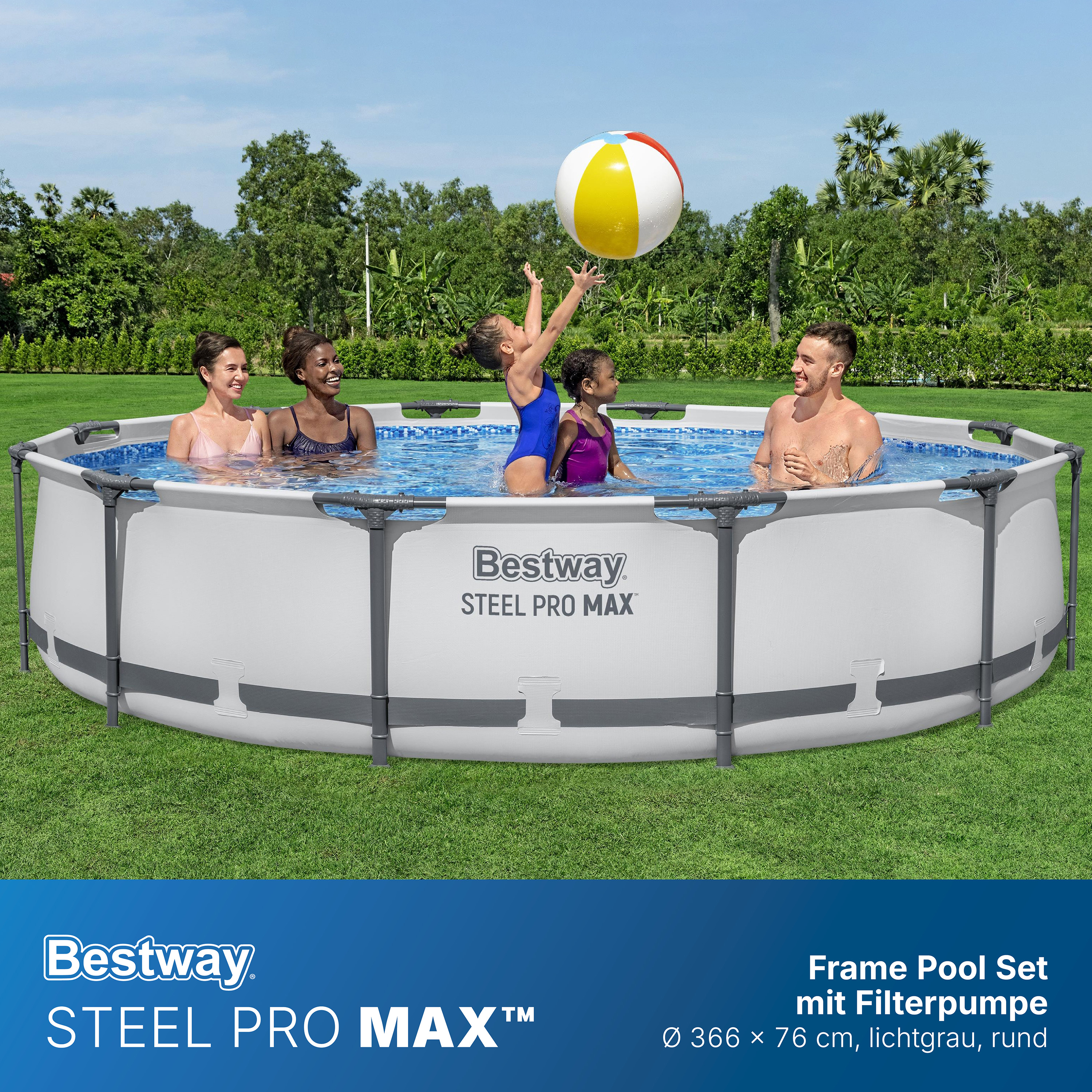 Steel Pro MAX™ Frame Pool Set mit Filterpumpe Ø 366 x 76 cm, lichtgrau, rund
