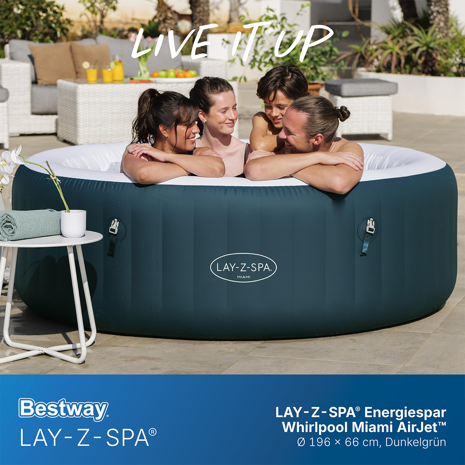 LAY-Z-SPA® Energiespar Whirlpool Miami AirJet™ für 6 Personen Ø 196 x 66 cm, Dunkelgrün LAY-Z-SPA® Energiespar Whirlpool Miami AirJet™ für 6 Personen Ø 196 x 66 cm, Dunkelgrün