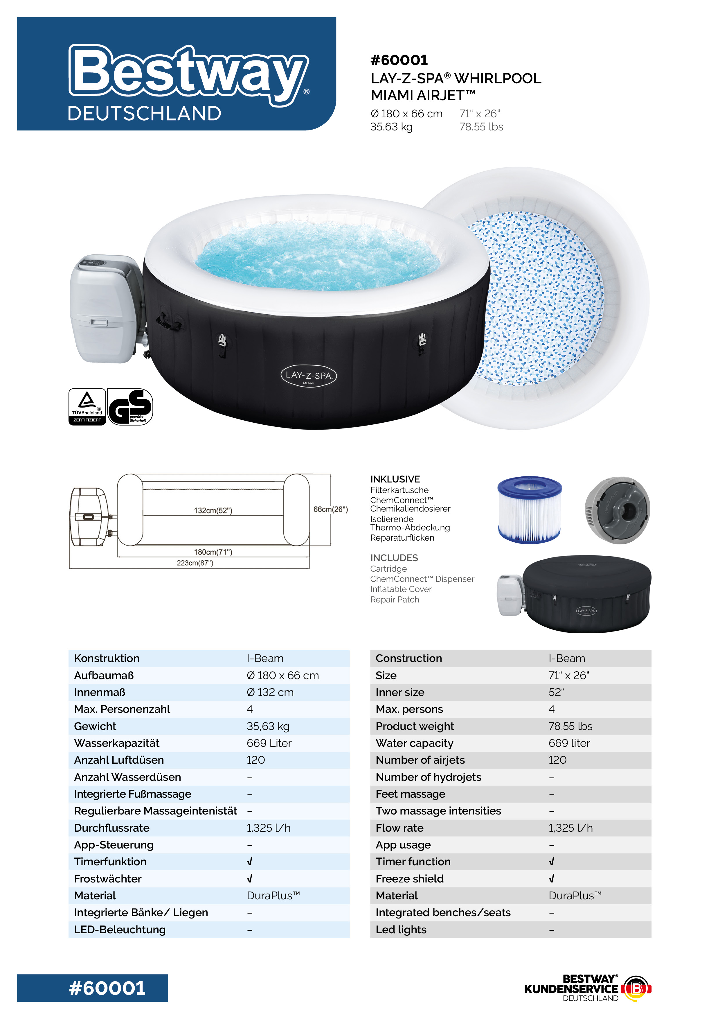 LAY-Z-SPA® Whirlpool Miami AirJet™ Ø 180 x 66 cm, rund
