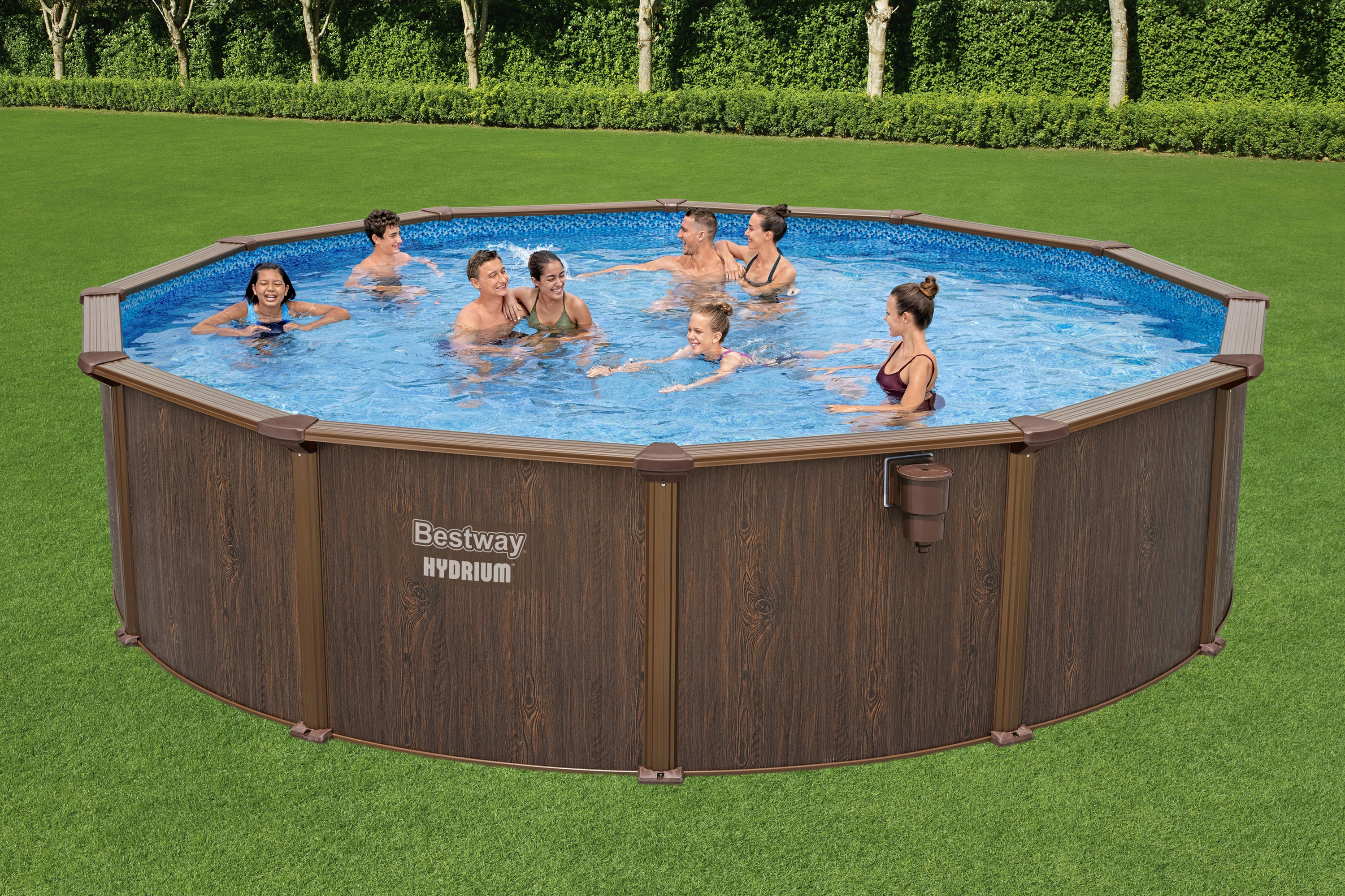 Hydrium™ Stahlwandpool Komplett-Set mit Sandfilteranlage Ø 549 x 132 cm, Holz-Optik (Palisander), rund