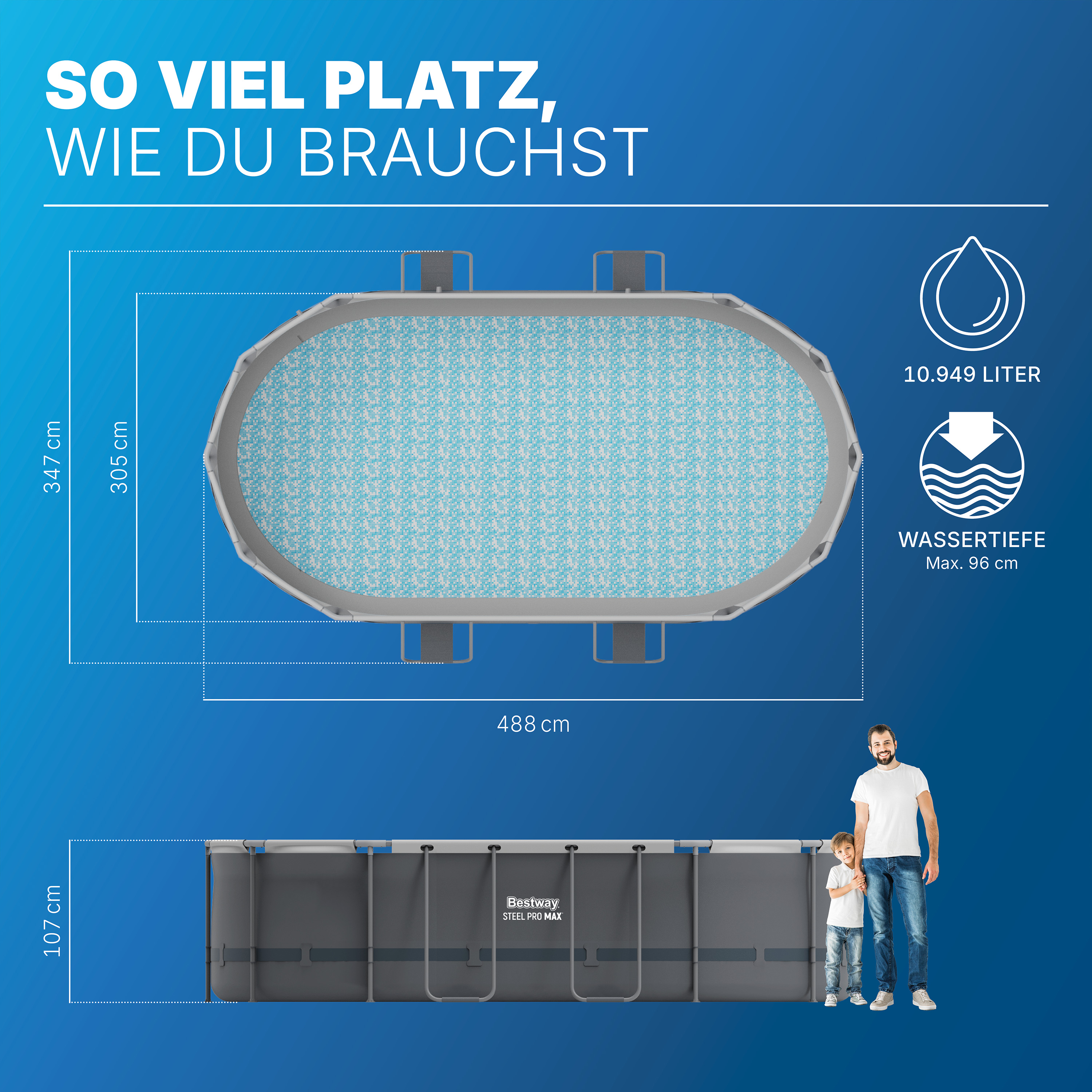 Steel Pro MAX™ Frame Pool Komplett Set mit Filterpumpe 488 x 305 x 107 cm, grau, oval