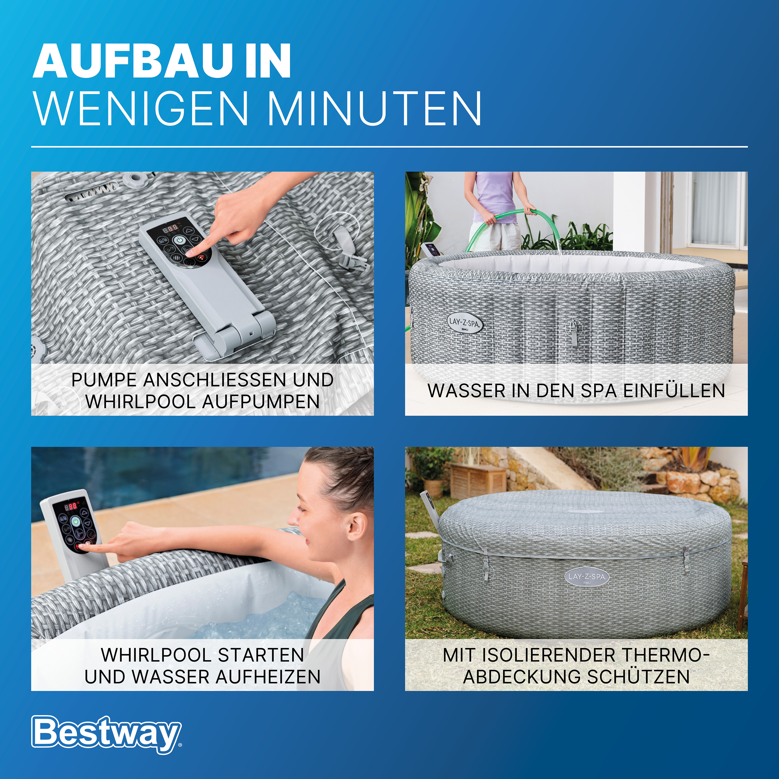 LAY-Z-SPA® Energiespar Whirlpool Bali AirJet™ mit App-Steuerung, Ø 196 x 71 cm, für 6 Personen, Rattan-Optik (Lichtgrau)