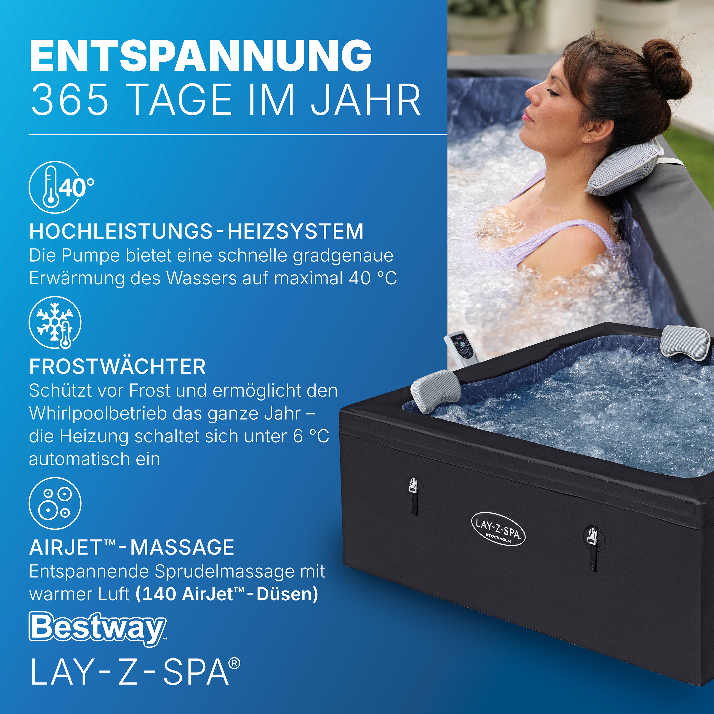 LAY-Z-SPA® ThermaCore™ WLAN-Whirlpool Stockholm AirJet™ mit App-Steuerung, für 6 Personen, 164 x 164 x 65 cm, eckig