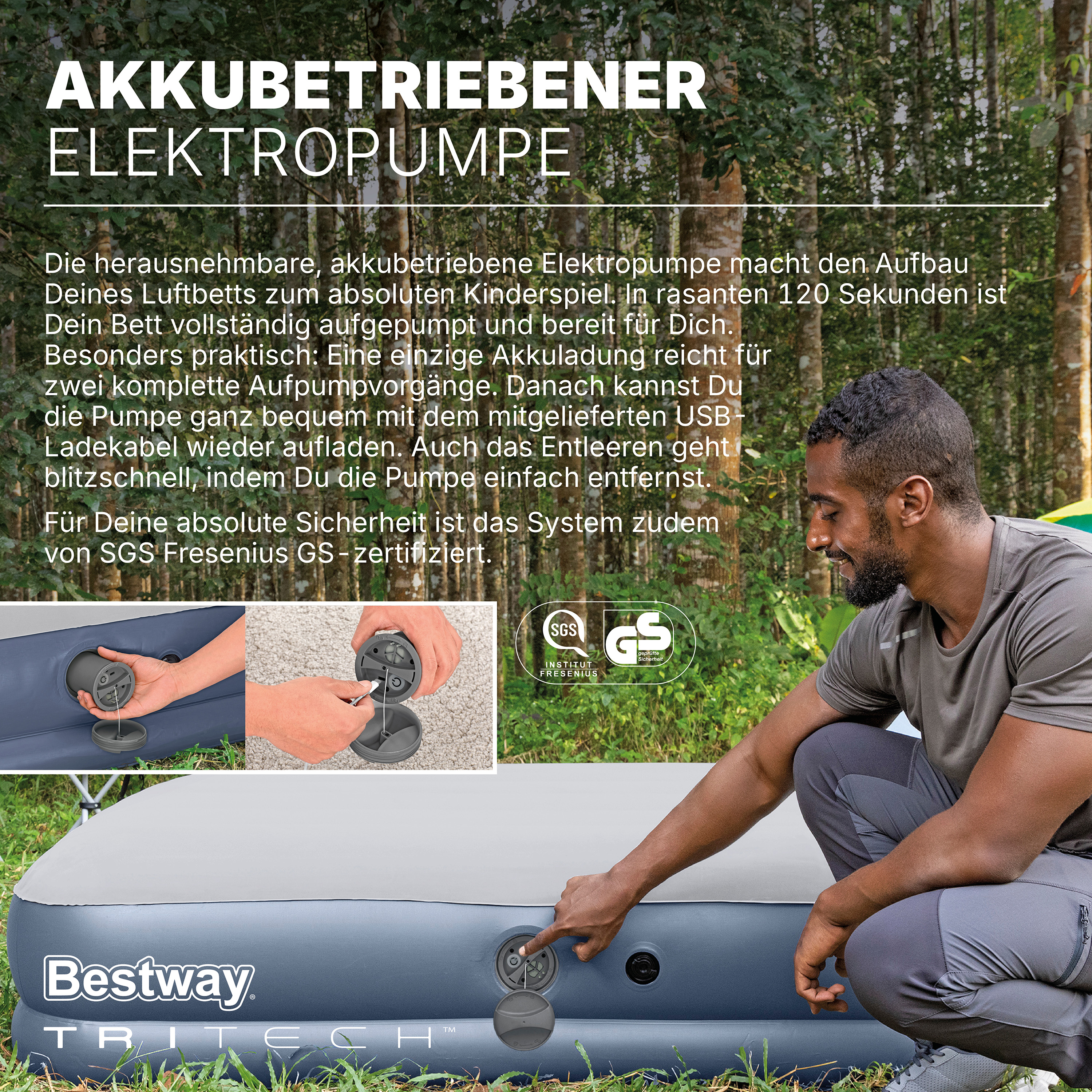 TriTech® Doppelluftbett mit mobiler, akkubetriebener Elektropumpe 203 x 152 x 36 cm