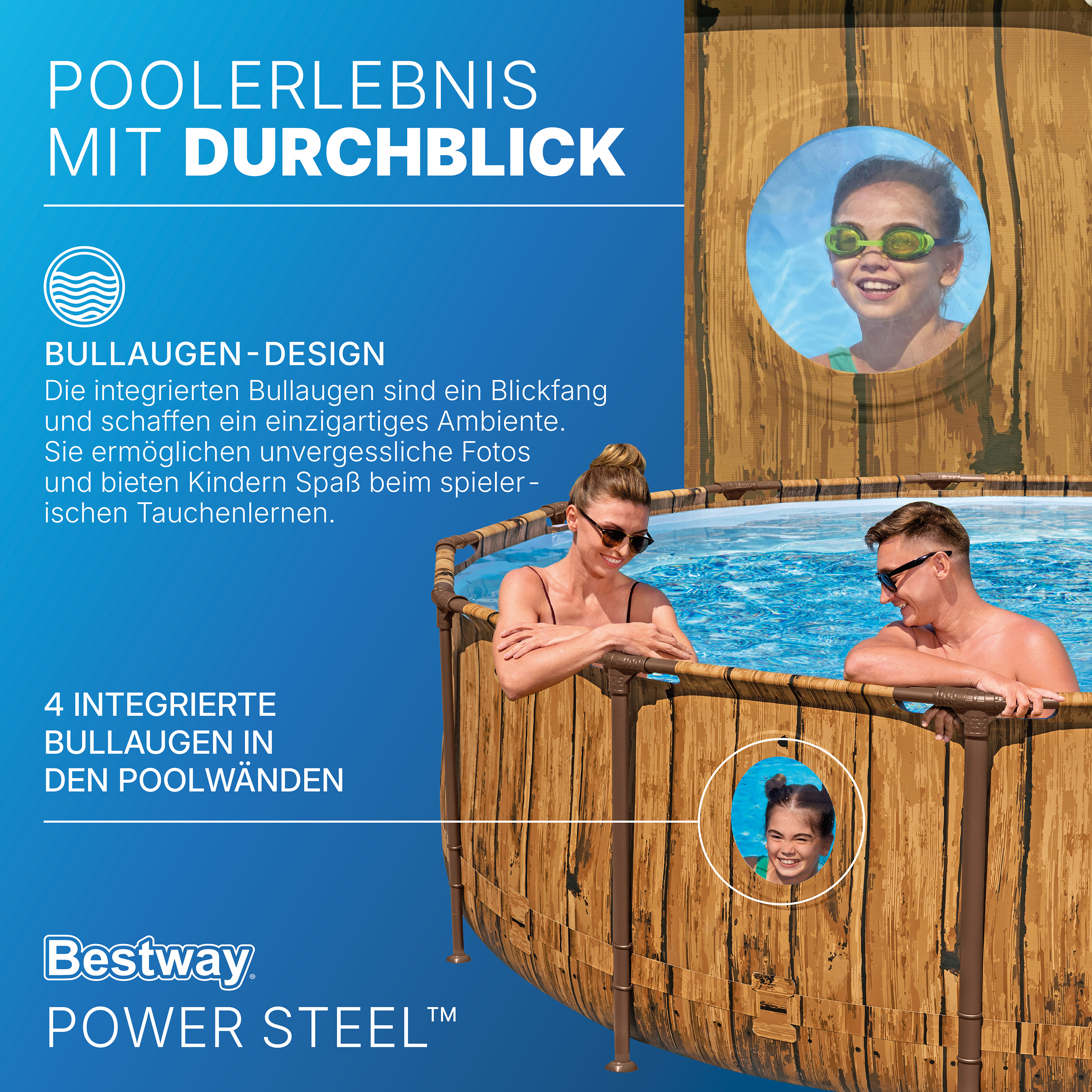 Power Steel™ Swim Vista Series™ Frame Pool Komplett Set mit Filterpumpe Ø 488 x 122 cm, Holz-Optik (Pinie), rund