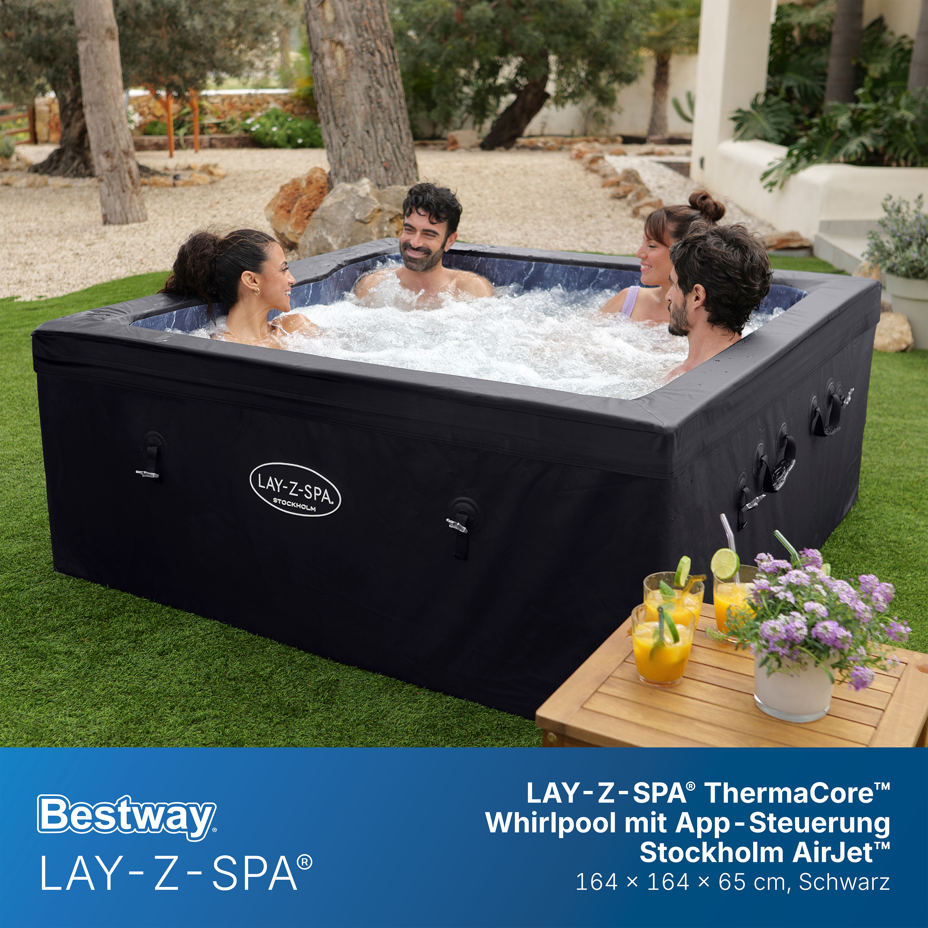 LAY-Z-SPA® ThermaCore™ WLAN-Whirlpool Stockholm AirJet™ mit App-Steuerung, für 6 Personen, 164 x 164 x 65 cm, eckig