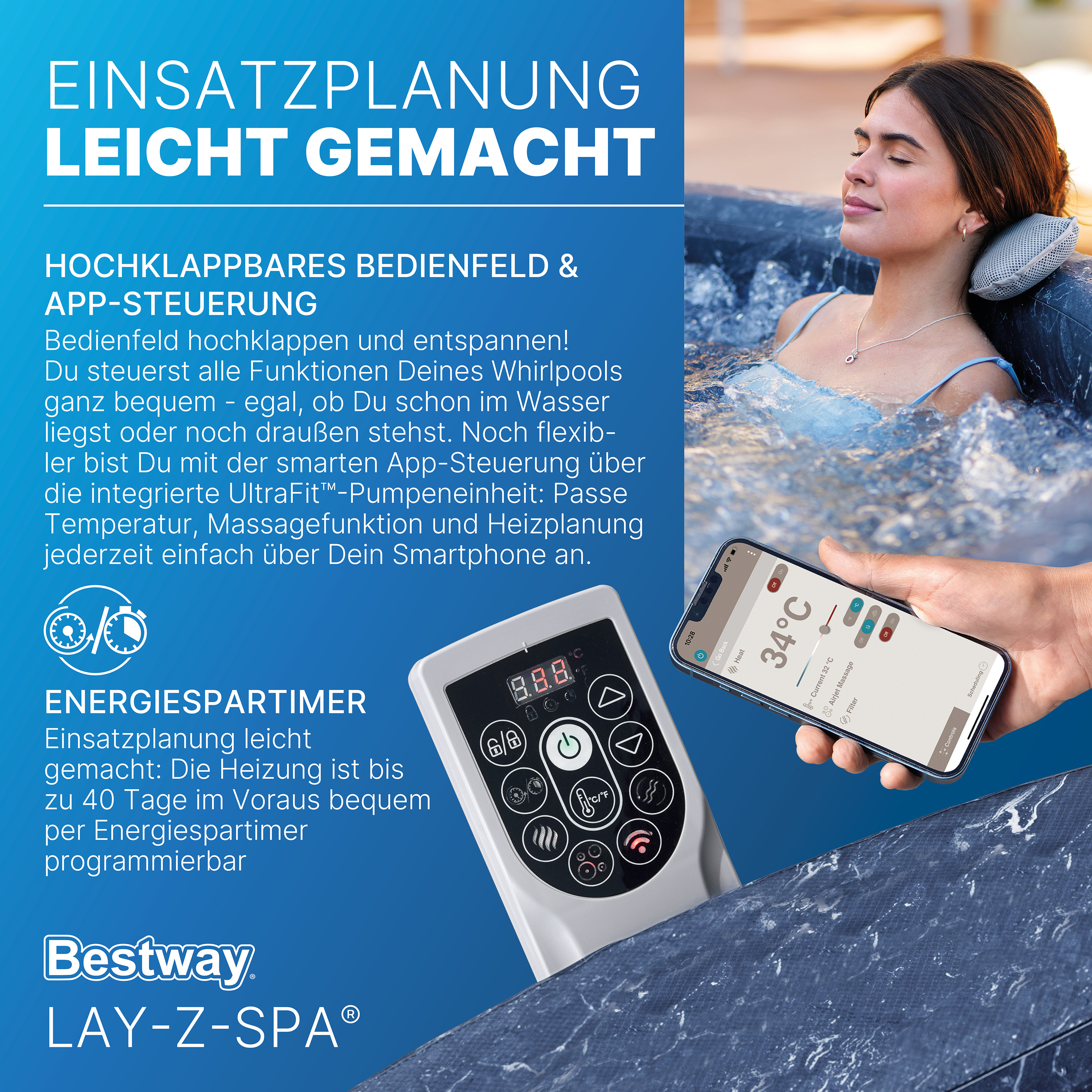 LAY-Z-SPA® Energiespar Whirlpool Toronto AirJet™ mit Schaumstoffpaneelen & App-Steuerung, für 7 Personen Ø 190 x 70 cm