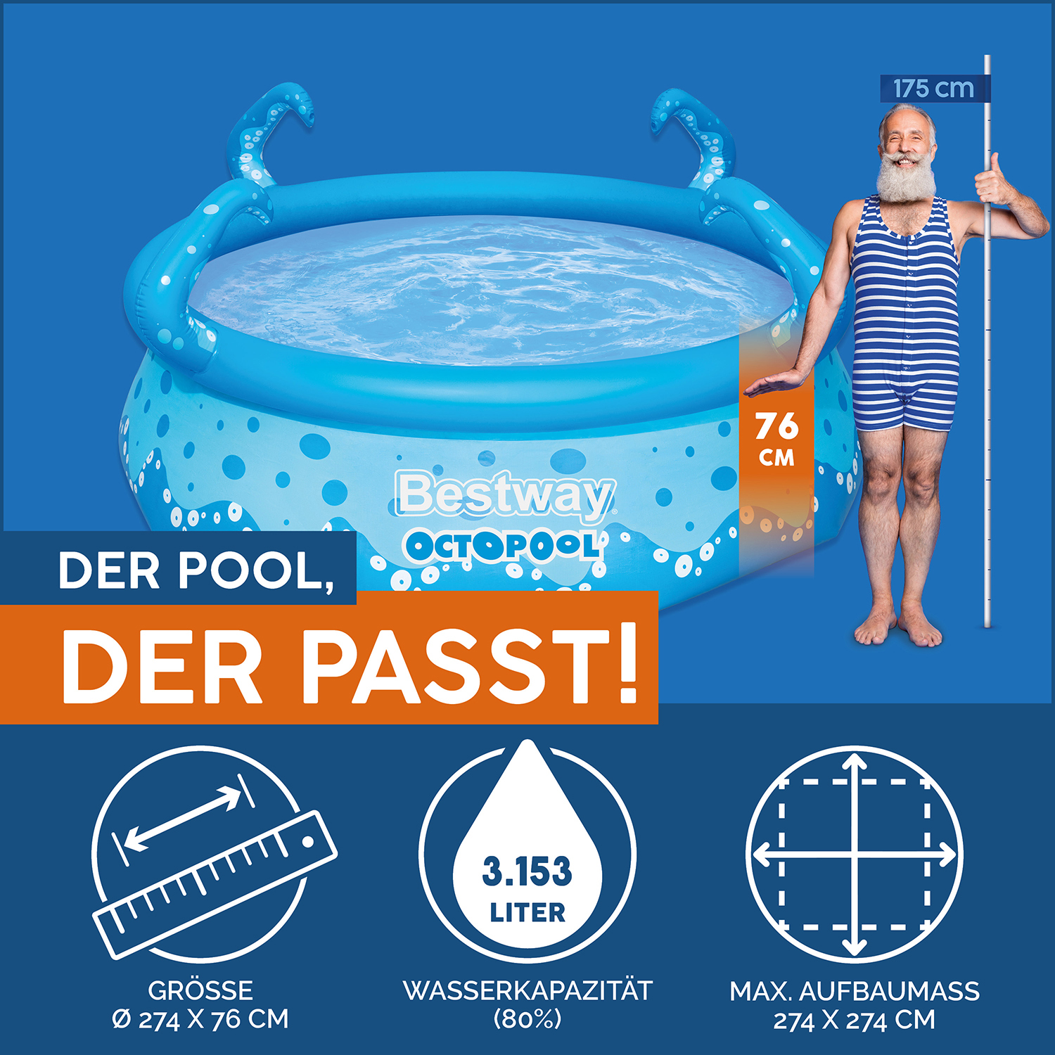 Fast Set™ OctoPool mit integerierten Wassersprinklern Ø 274 x 76 cm, blau mit Muster, rund Fast Set™ OctoPool mit integerierten Wassersprinklern Ø 274 x 76 cm, blau mit Muster, rund