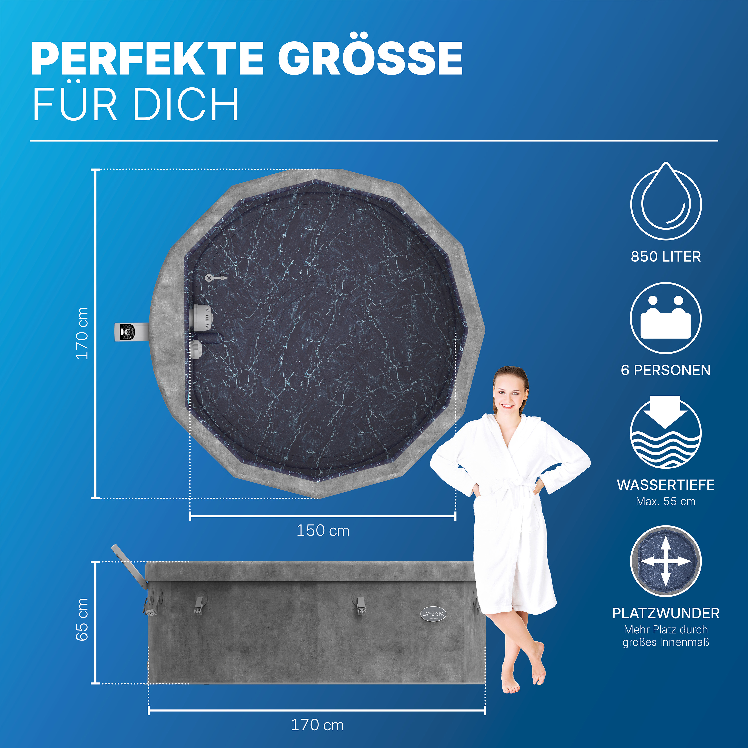 LAY-Z-SPA® WLAN-Whirlpool Carrara AirJet™ mit App-Steuerung, für 6 Personen, Ø 170 x 65 cm, Alabaster-Optik