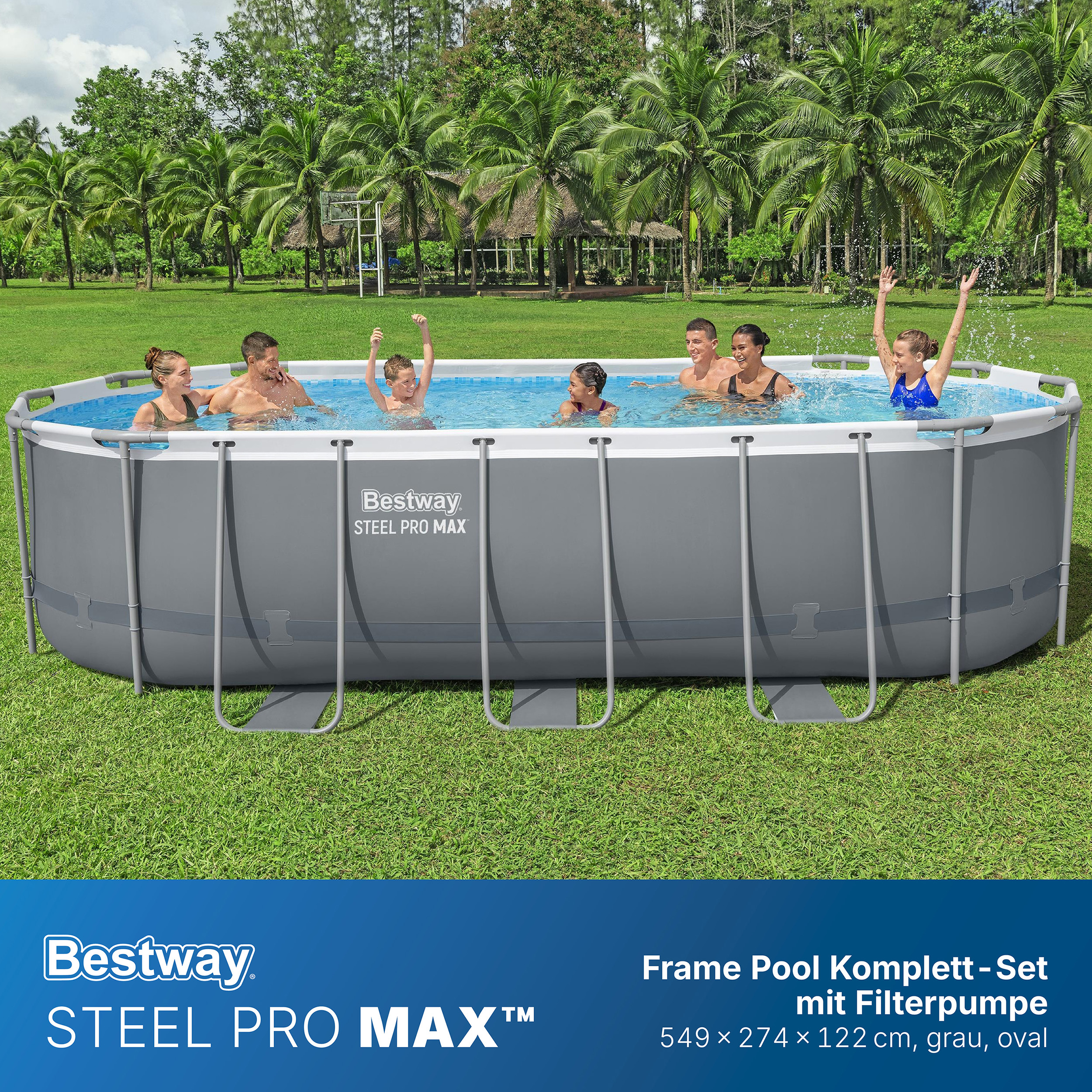Steel Pro MAX™ Frame Pool Komplett Set mit Filterpumpe 549 x 274 x 122 cm, grau, oval