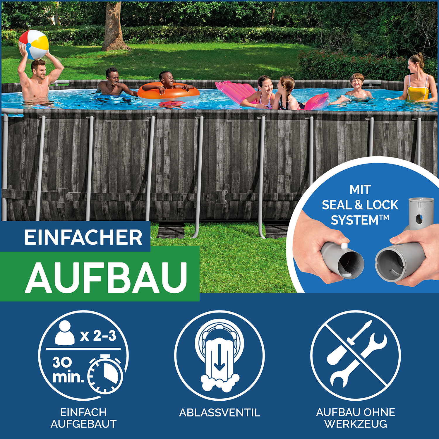 Power Steel™ Frame Pool Komplett-Set mit Filterpumpe 732 x 366 x 132 cm, Holz-Optik (Mooreiche), oval