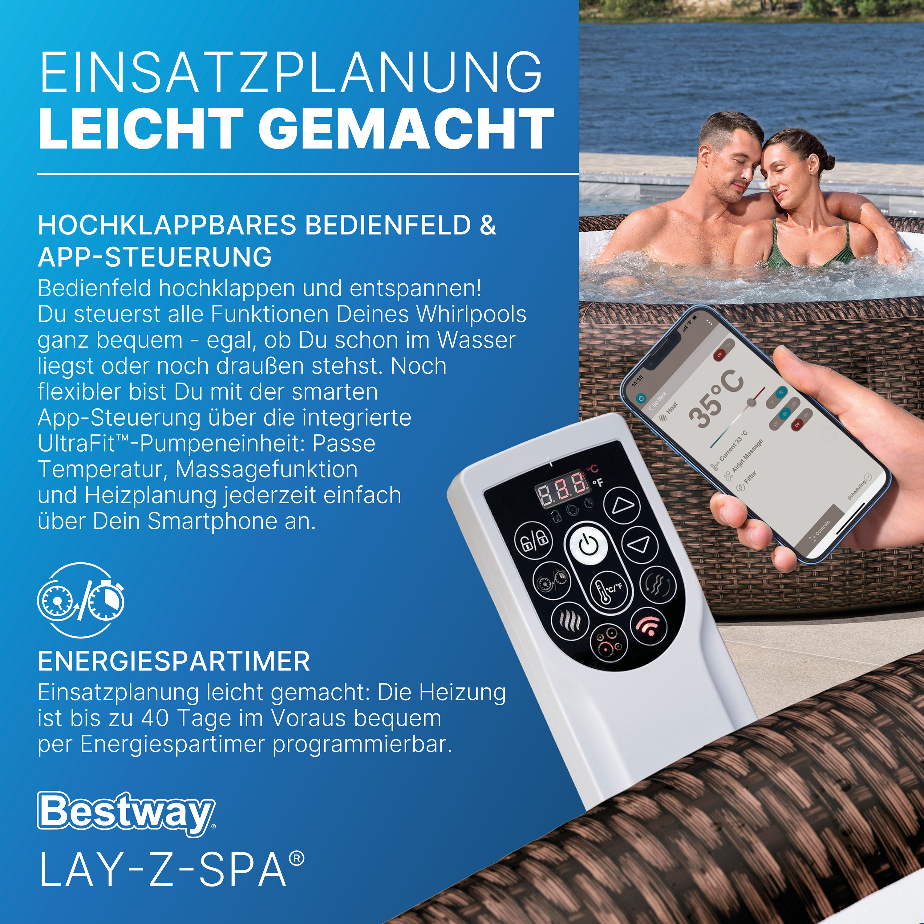 LAY-Z-SPA® Energiespar Whirlpool Bali AirJet™ mit App-Steuerung, für 7 Personen, Ø 216 x 71 cm, Rattan-Optik (Schokobraun)