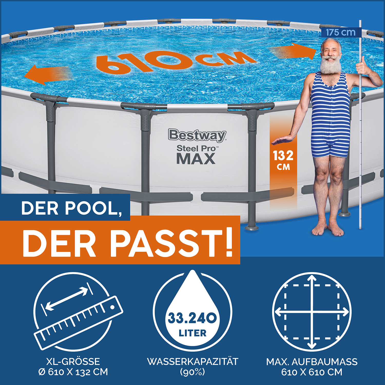 Steel Pro MAX™ Frame Pool Komplett-Set mit Filterpumpe Ø 610 x 132 cm, lichtgrau, rund