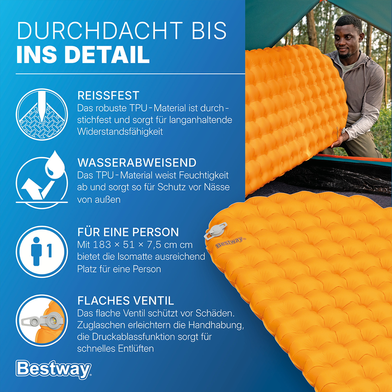 Aufblasbare Single TPU Isomatte Ridgelite™ für Mumienschlafsäcke 183 x 51 x 7,5 cm Aufblasbare Single TPU Isomatte Ridgelite™ für Mumienschlafsäcke 183 x 51 x 7,5 cm