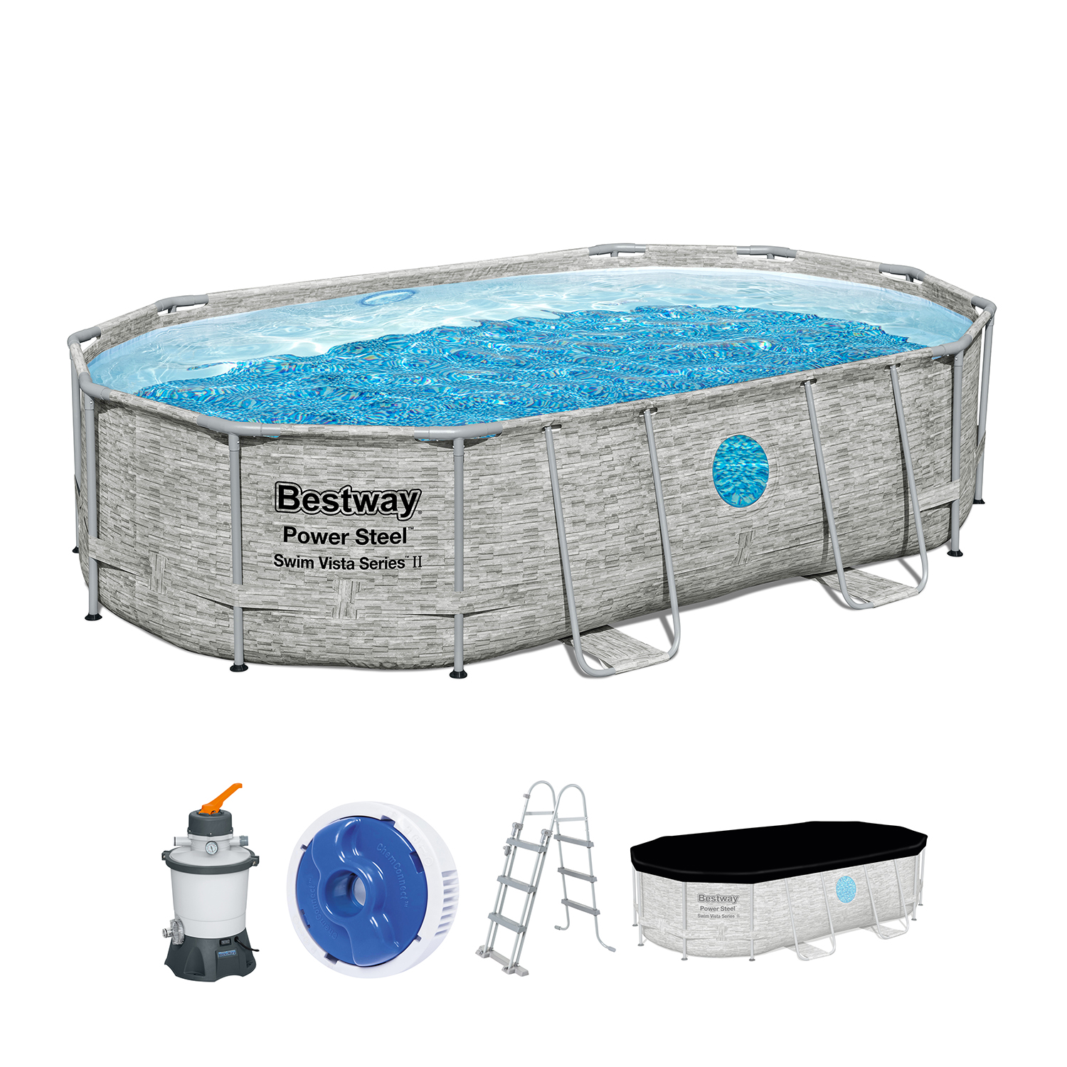 Power Steel™ Swim Vista Series™ Frame Pool Komplett Set mit Sandfilteranlage 488 x 305 x 107 cm , Steinwand-Optik (Cremegrau), oval