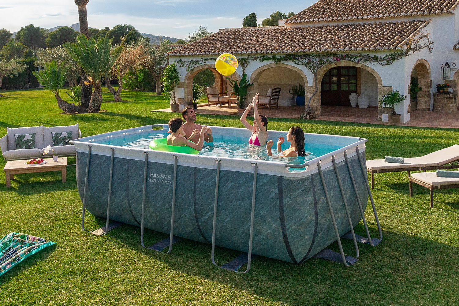 Steel Pro MAX™ Frame Pool Set mit Filterpumpe 412 x 201 x 122 cm, Marmor-Optik (Schiefergrau), eckig