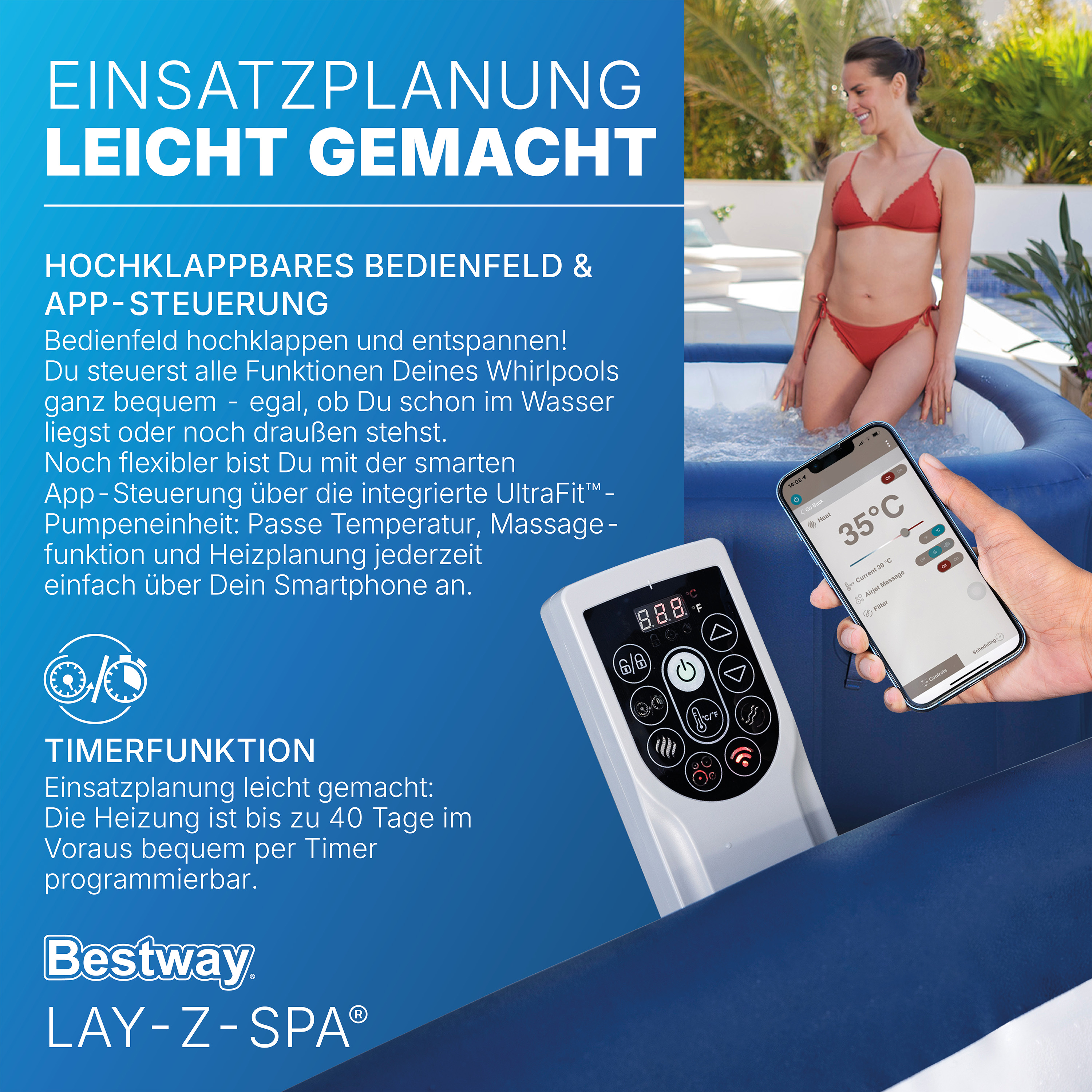 LAY-Z-SPA® WLAN-Whirlpool Hawaii AirJet™ mit App-Steuerung, für 6 Personen, 180 x 180 x 71 cm, Kobaltblau
