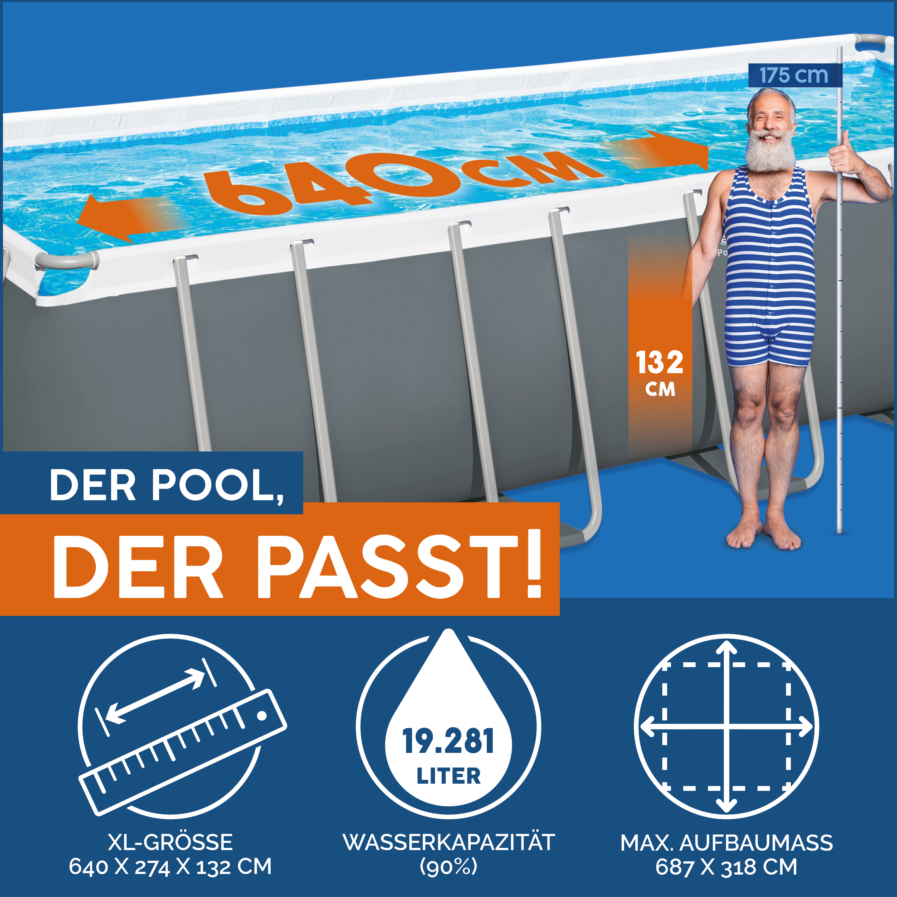 Power Steel™ Frame Pool Komplett Set mit Sandfilteranlage 640 x 274 x 132 cm, grau, eckig