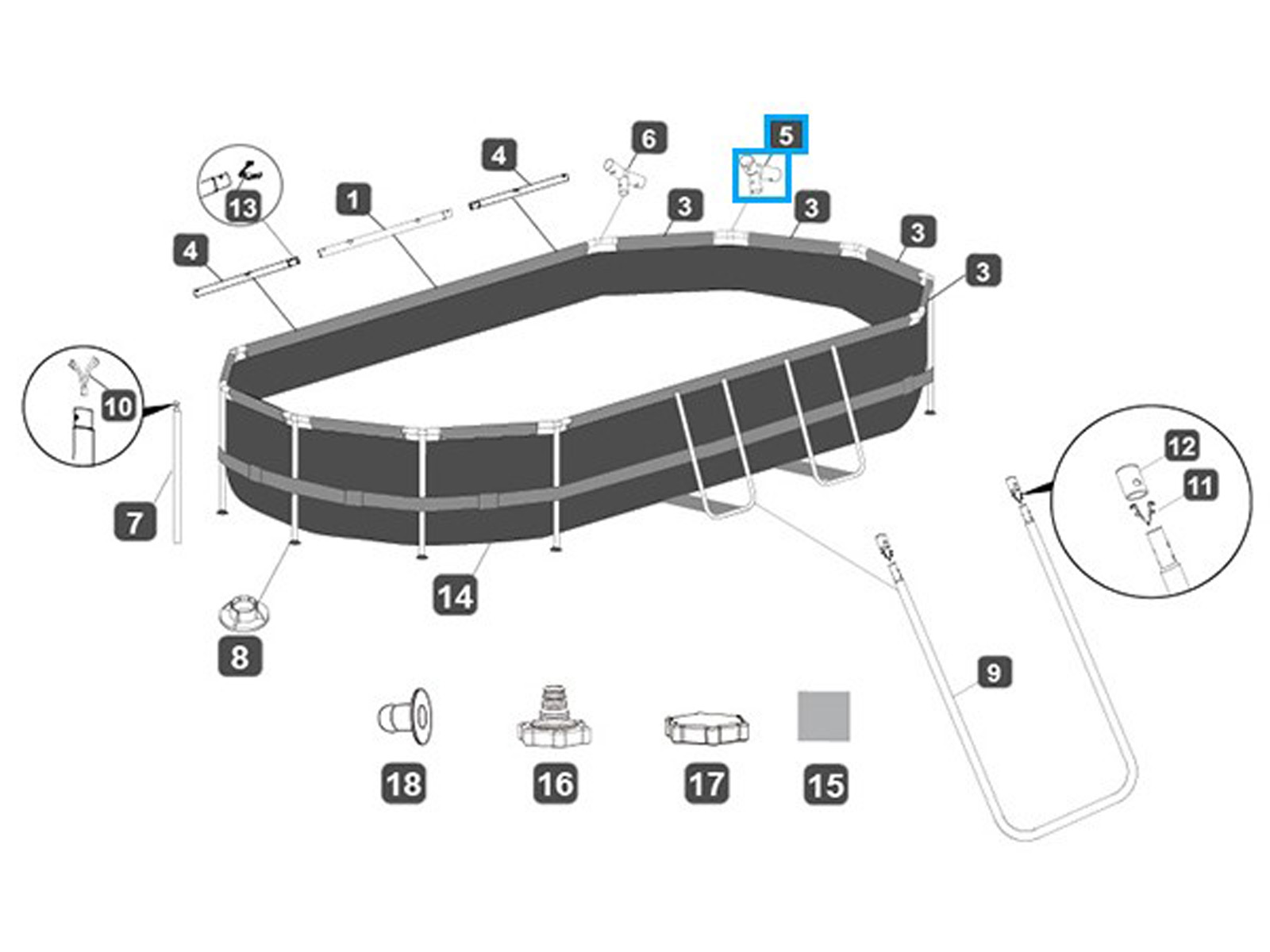 Bestway® Spare Part T-connector E (grey / Seal & Lock System™) for various Power Steel™ pools, oval