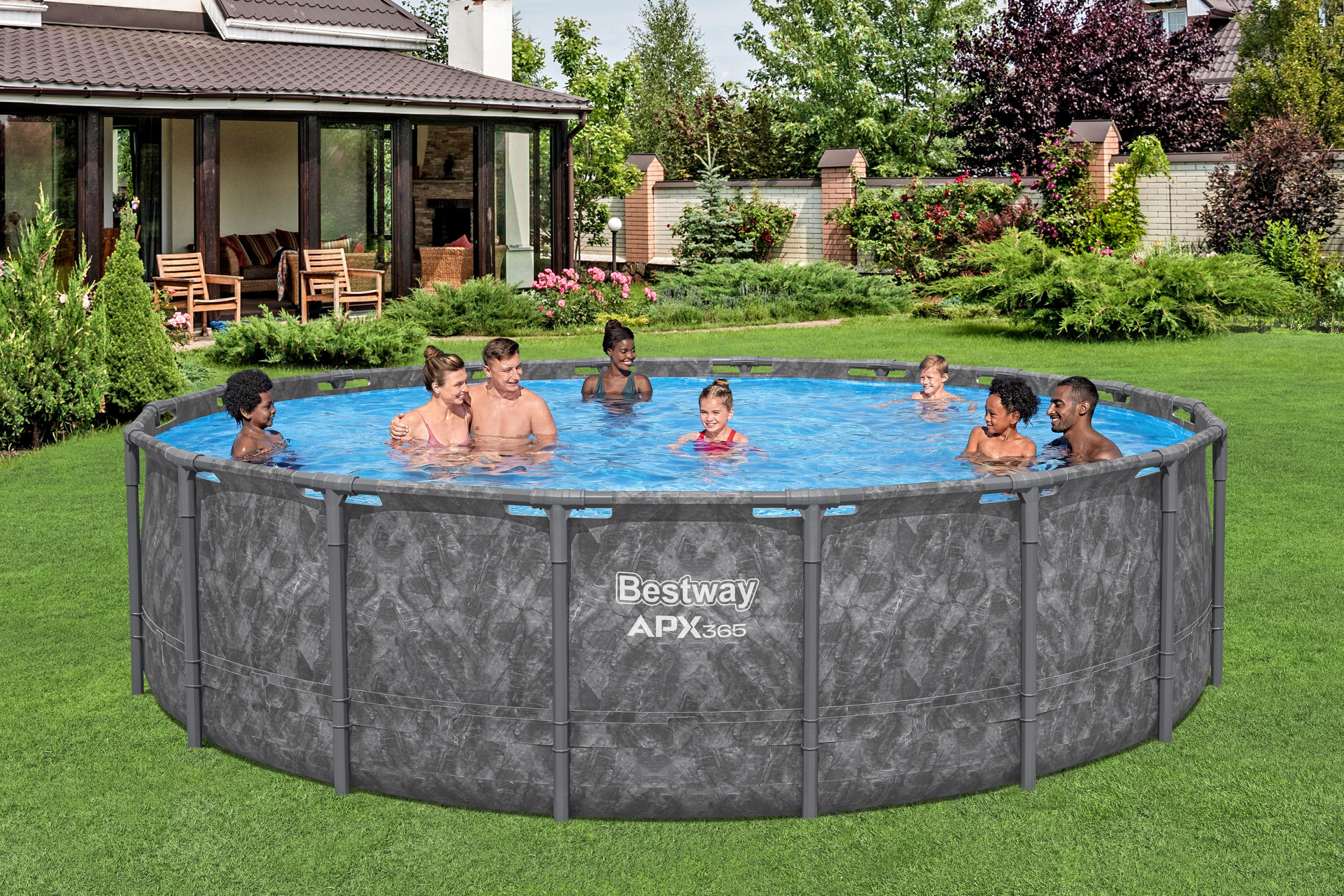 APX365™ Winterfestes Frame Pool Komplett Set mit Sandfilteranlage Ø 549 x 132 cm, Marmor-Optik (Dunkel), rund