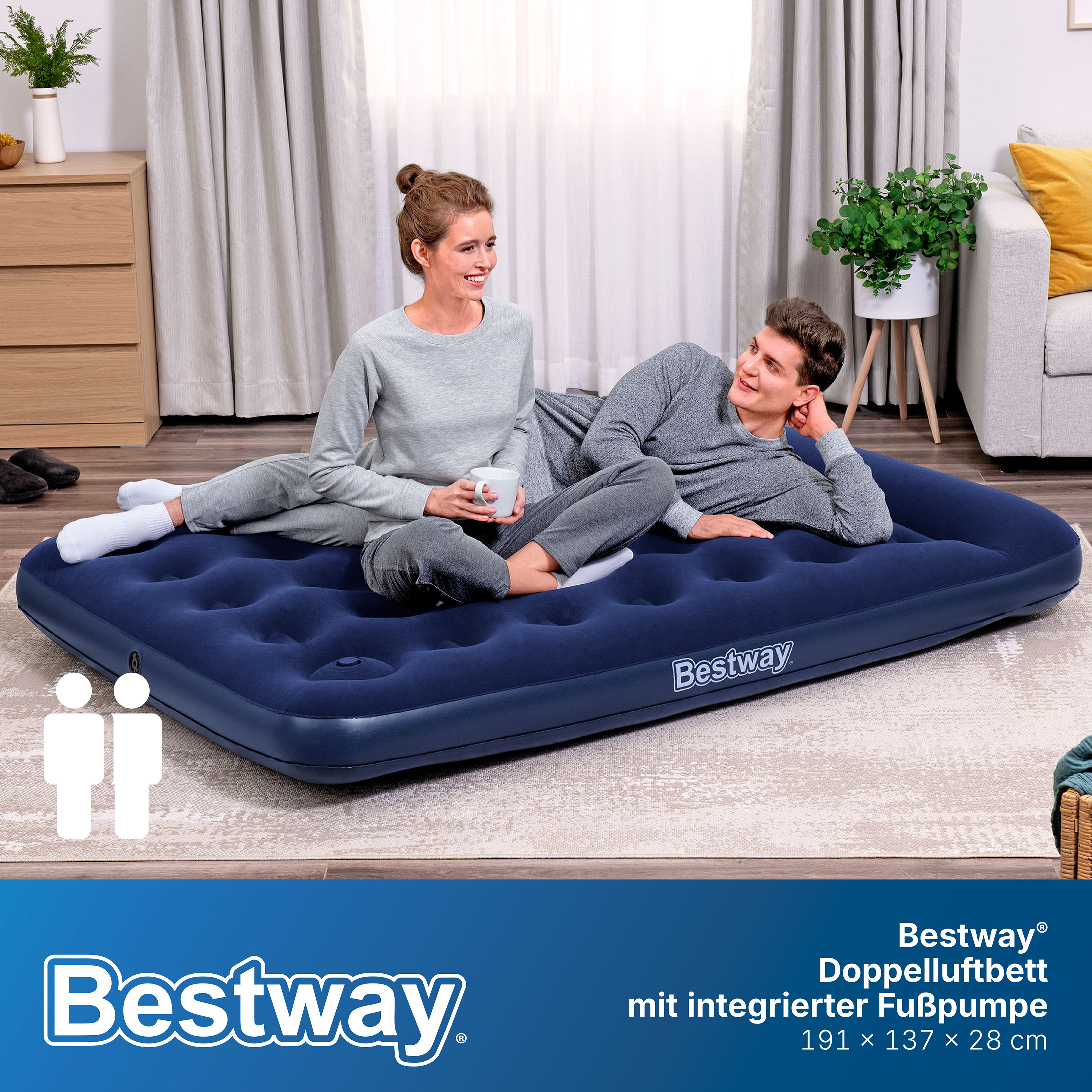 Doppelluftbett mit integrierter Fußpumpe 191 x 137 x 28 cm