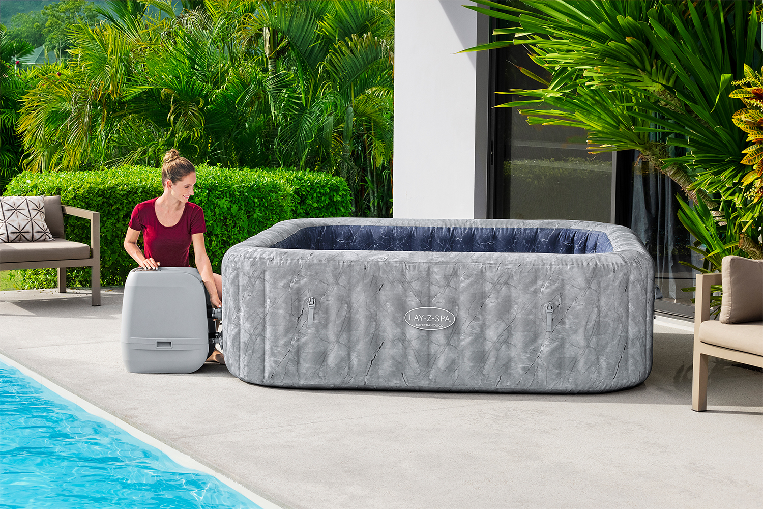 LAY-Z-SPA® Energiespar Whirlpool San Francisco HydroJet Pro™ mit App-Steuerung, für 7 Personen 230 x 230 x 71 cm, Marmor-Optik (Samtgrau)