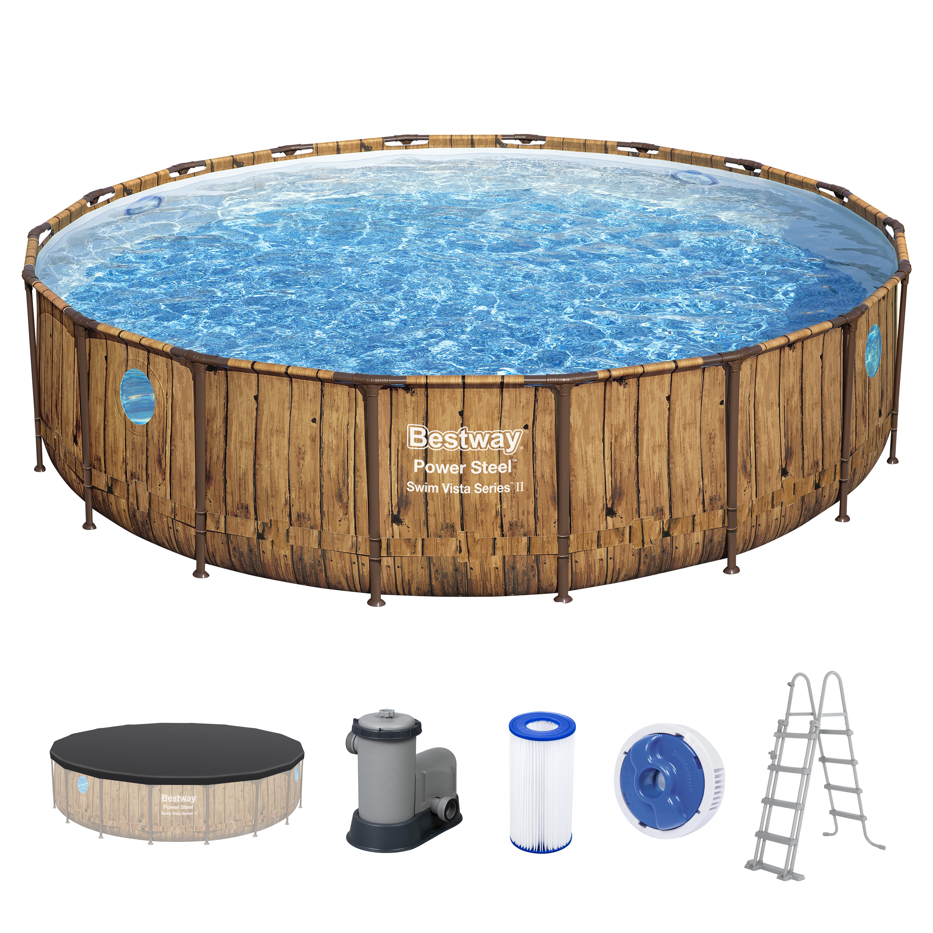 Power Steel™ Swim Vista Series™ Frame Pool Komplett Set mit Filterpumpe Ø 549 x 122 cm, Holz-Optik (Pinie), rund