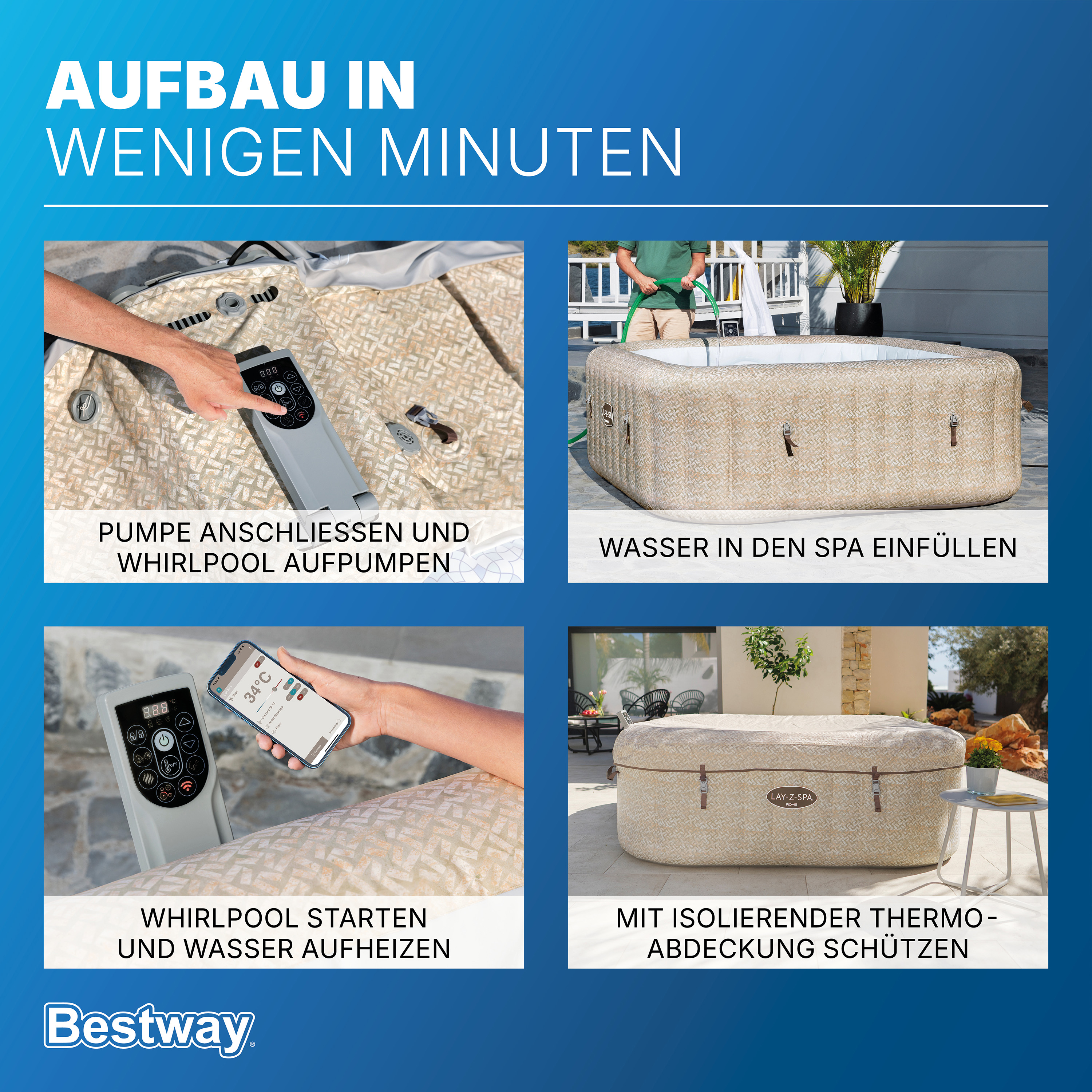 LAY-Z-SPA® WLAN-Whirlpool Rome AirJet™ mit App-Steuerung, für 7 Pers. 201 x 201 x 71 cm, Sandmarmor-Optik