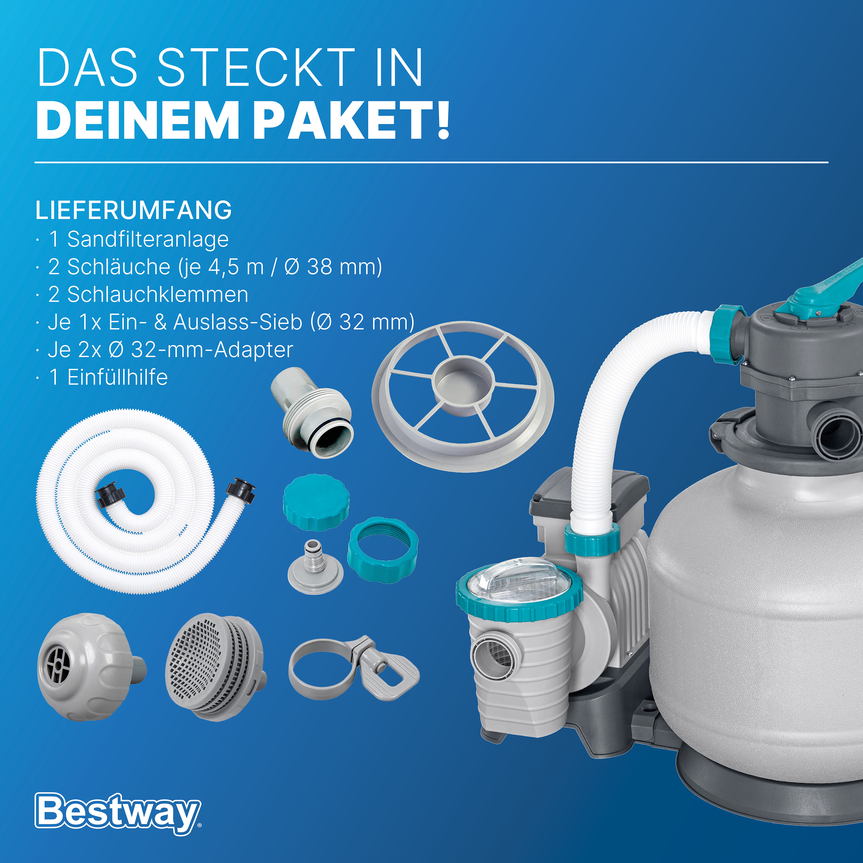 Sandfilteranlage mit Zeitschaltuhr 6.056 l/h, 230 W