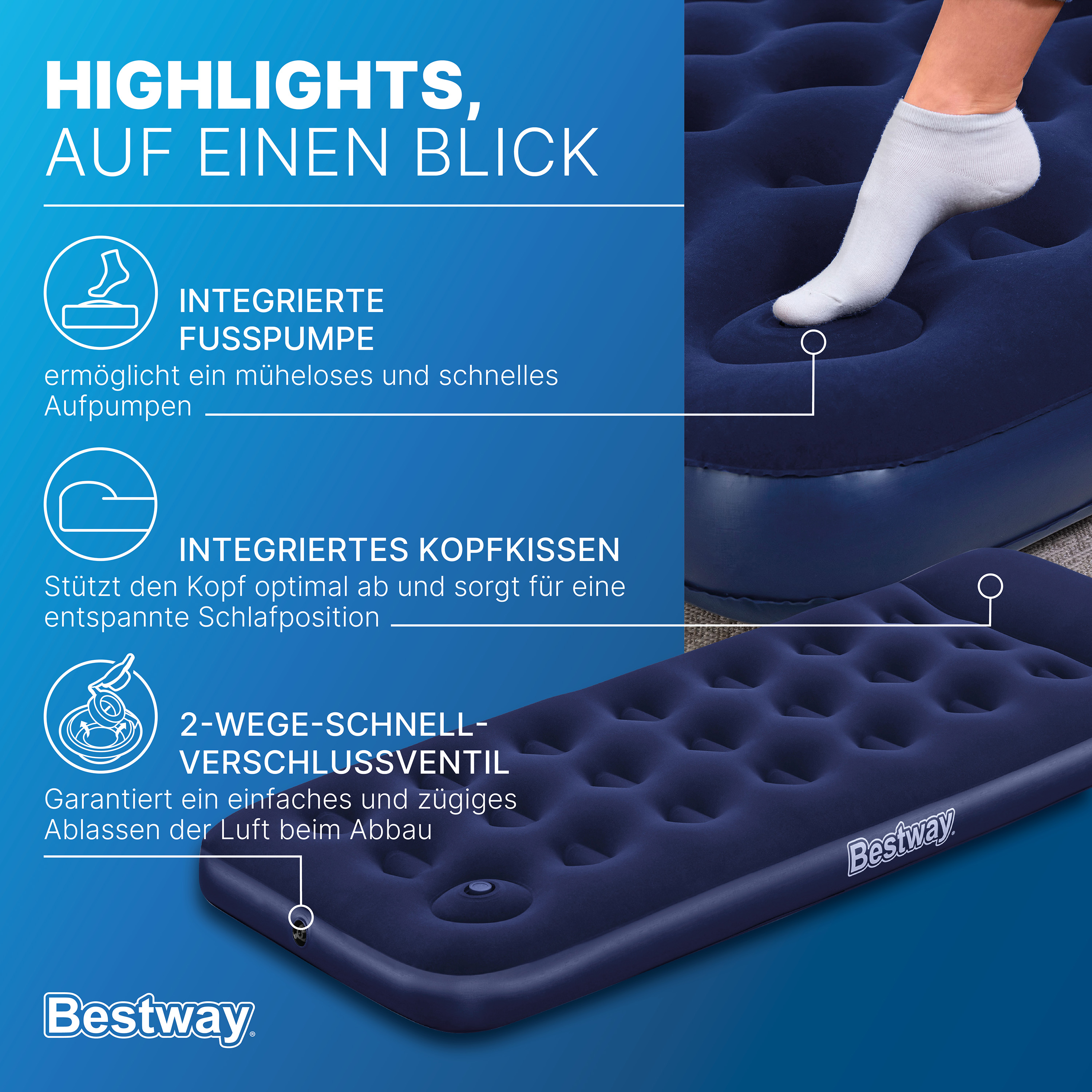 Single Luftbett mit integrierter Fußpumpe 185 x 76 x 28 cm