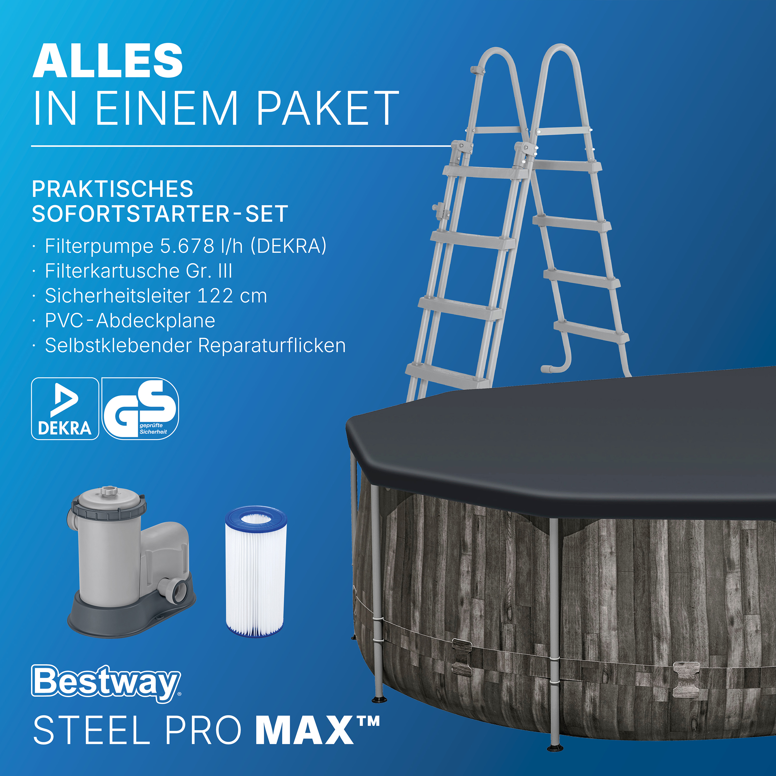 Steel Pro MAX™ Frame Pool Komplett Set mit Filterpumpe 610 x 366 x 122 cm , Holz-Optik (Mooreiche), oval