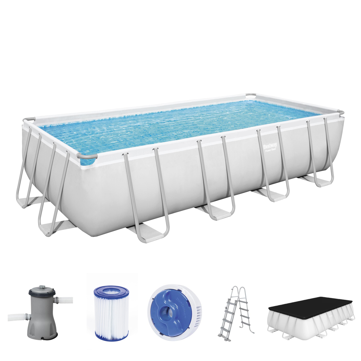 Power Steel™ Frame Pool Komplett-Set mit Filterpumpe 488 x 244 x 122 cm, lichtgrau, eckig
