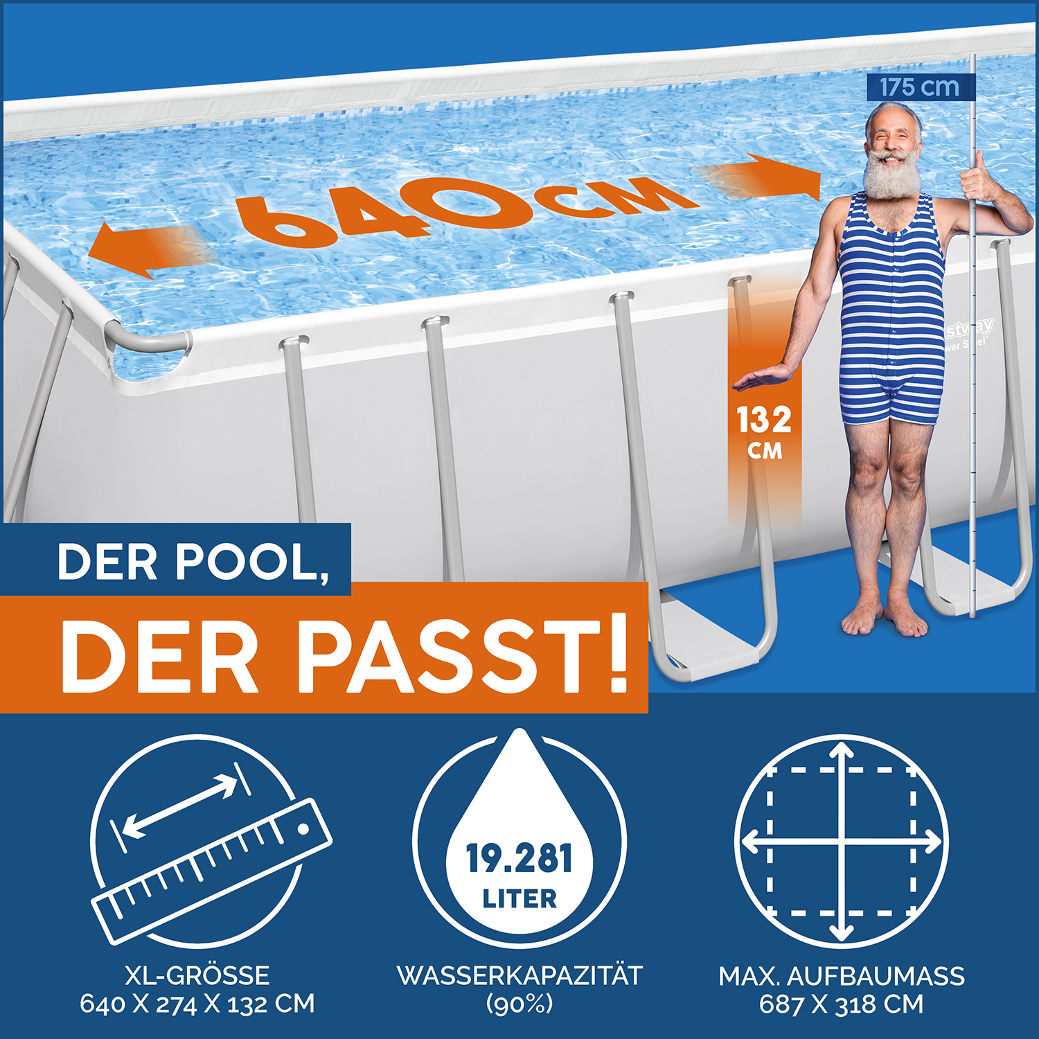 Power Steel™ Frame Pool Komplett-Set mit Filterpumpe 640 x 274 x 132 cm , lichtgrau, eckig